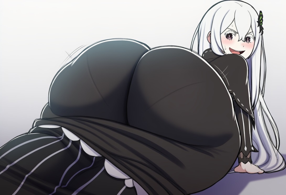 1girls, 2d, ai art, ai generated, ass, big ass, black dress, bottom view, echidna (re:zero), female, looking back at viewer, re:zero kara hajimeru isekai seikatsu, tagme, white hair