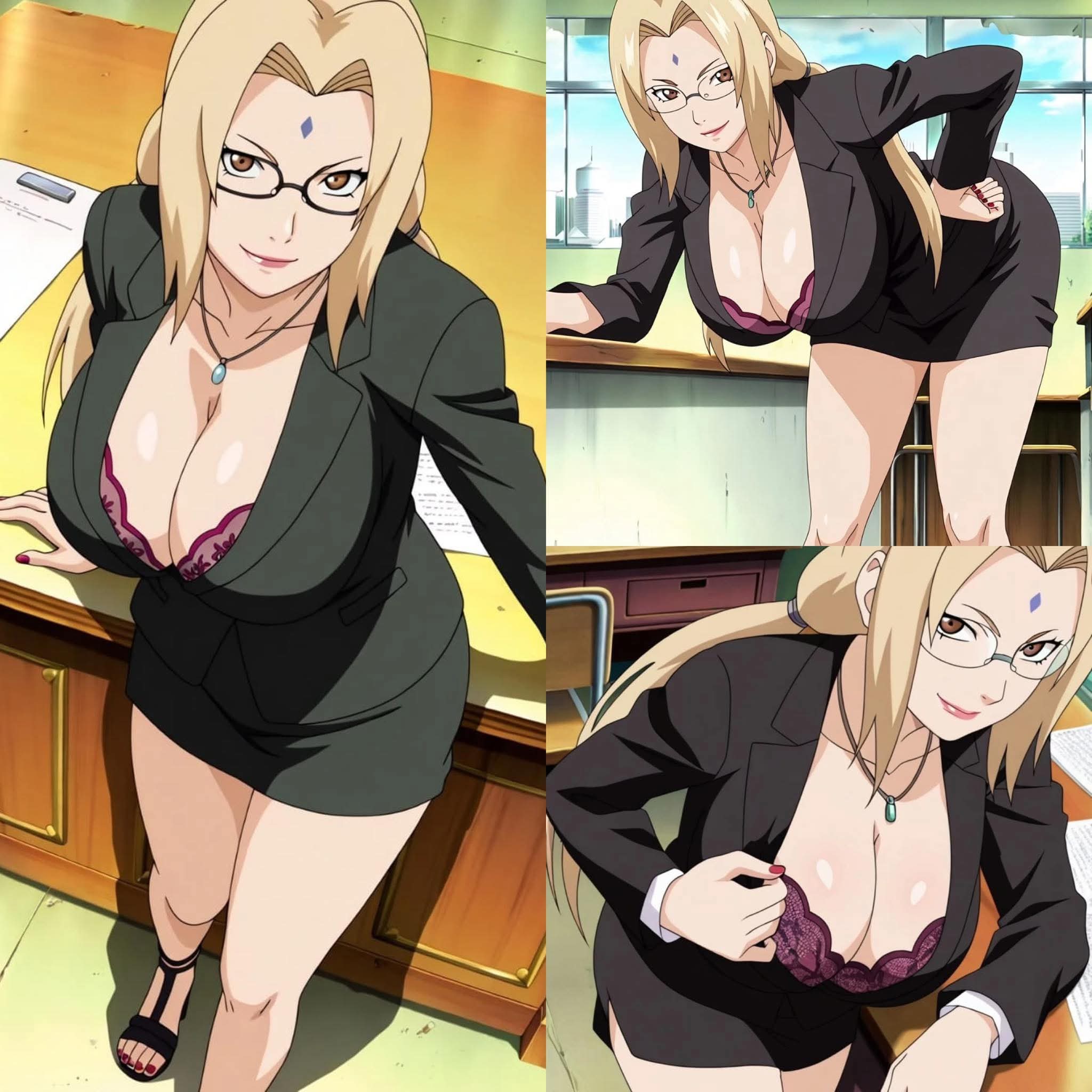 1girls, ai generated, bare chest, bare thighs, big breasts, blonde hair, blush, boruto: naruto next generations, bra, breasts, brown eyes, busty, cleavage, commentary, desk, eyewear, female, female focus, flashing breasts, formal, formal clothes, formal wear, glasses, hair over one eye, huge breasts, indoors, large breasts, light skin, light-skinned female, lingerie, lingerie bra, long hair, mature, mature female, milf, naruto, naruto (classic), naruto (series), naruto shippuden, naruto: the last, naughty, naughty face, naughty smile, office, office lady, pencil skirt, revealing clothes, shiny skin, shirt, sitting, sitting on desk, skimpy, skimpy clothes, skirt, smile, solo, stockings, teasing, thick thighs, thighs, tsunade, unbuttoned, unbuttoned shirt, undressing, very long hair, voluptuous
