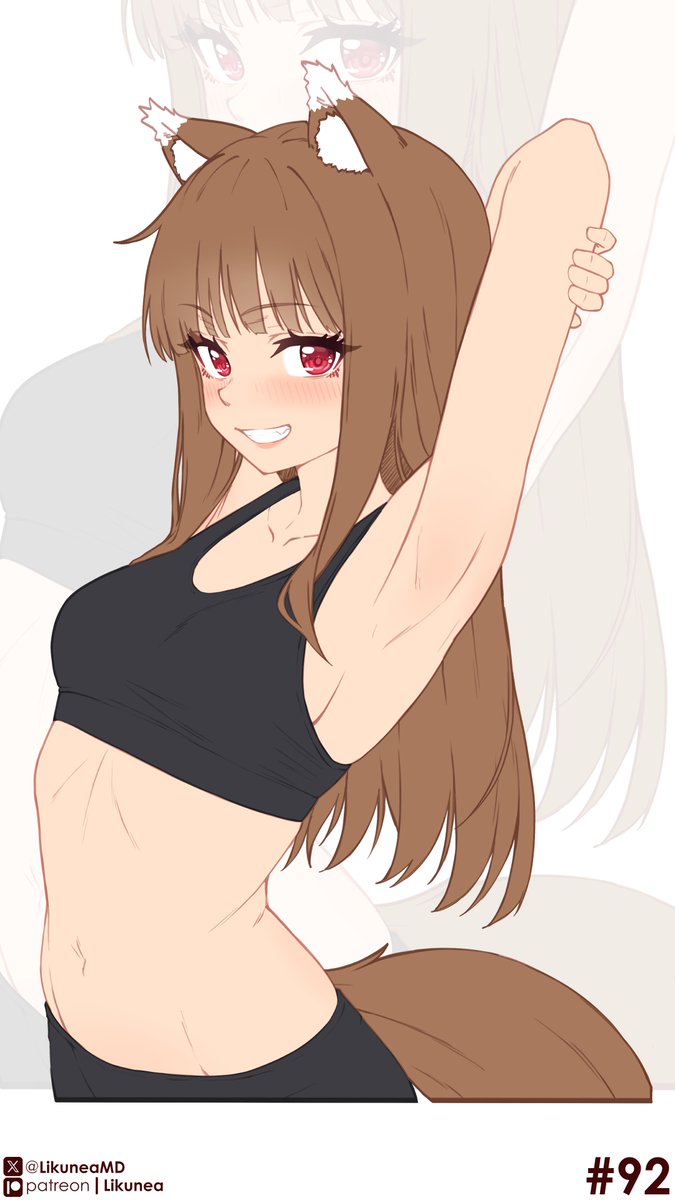 1girls, animal ears, animal tail, armpits, black sports bra, blush, breasts, brown hair, brown-haired female, clenched teeth, collarbone, commentary, cute fang, english commentary, female, female only, grin, highres, hime cut, holo, kemonomimi, likunea, long hair, long-haired female, looking at viewer, navel, patreon logo, patreon username, red eyes, red-eyed female, small breasts, smile, sole female, solo, spice and wolf, sports bra, tail, teeth, twitter username, twitter x logo, white background, wolf ears, wolf girl, wolf tail, zoom layer