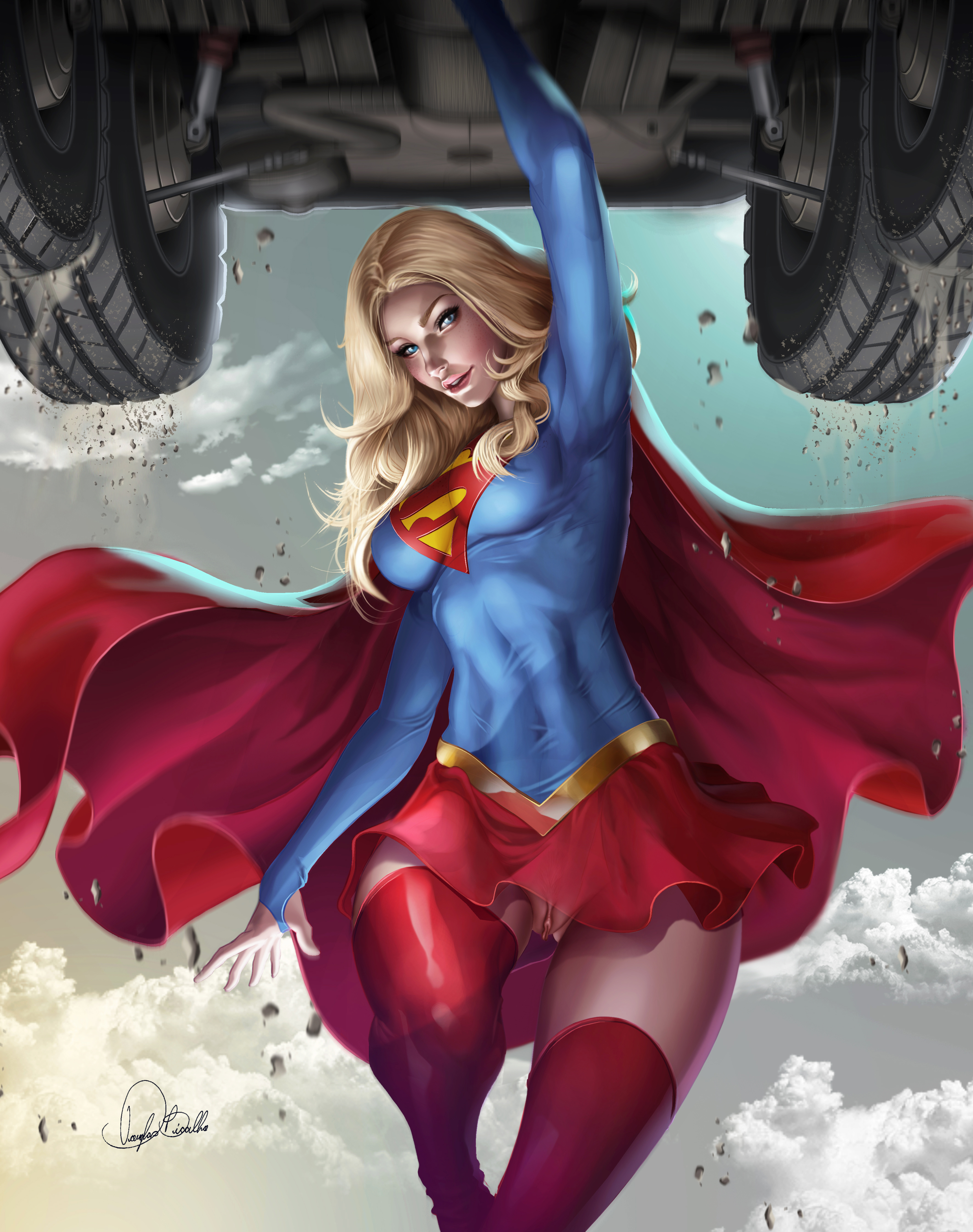 blonde hair, blue eyes, car, dc, dc comics, douglas bicalho, female, kara danvers, kara zor-el, pussy, pussy lips, supergirl, superman (series), upskirt, vagina, viewed from below