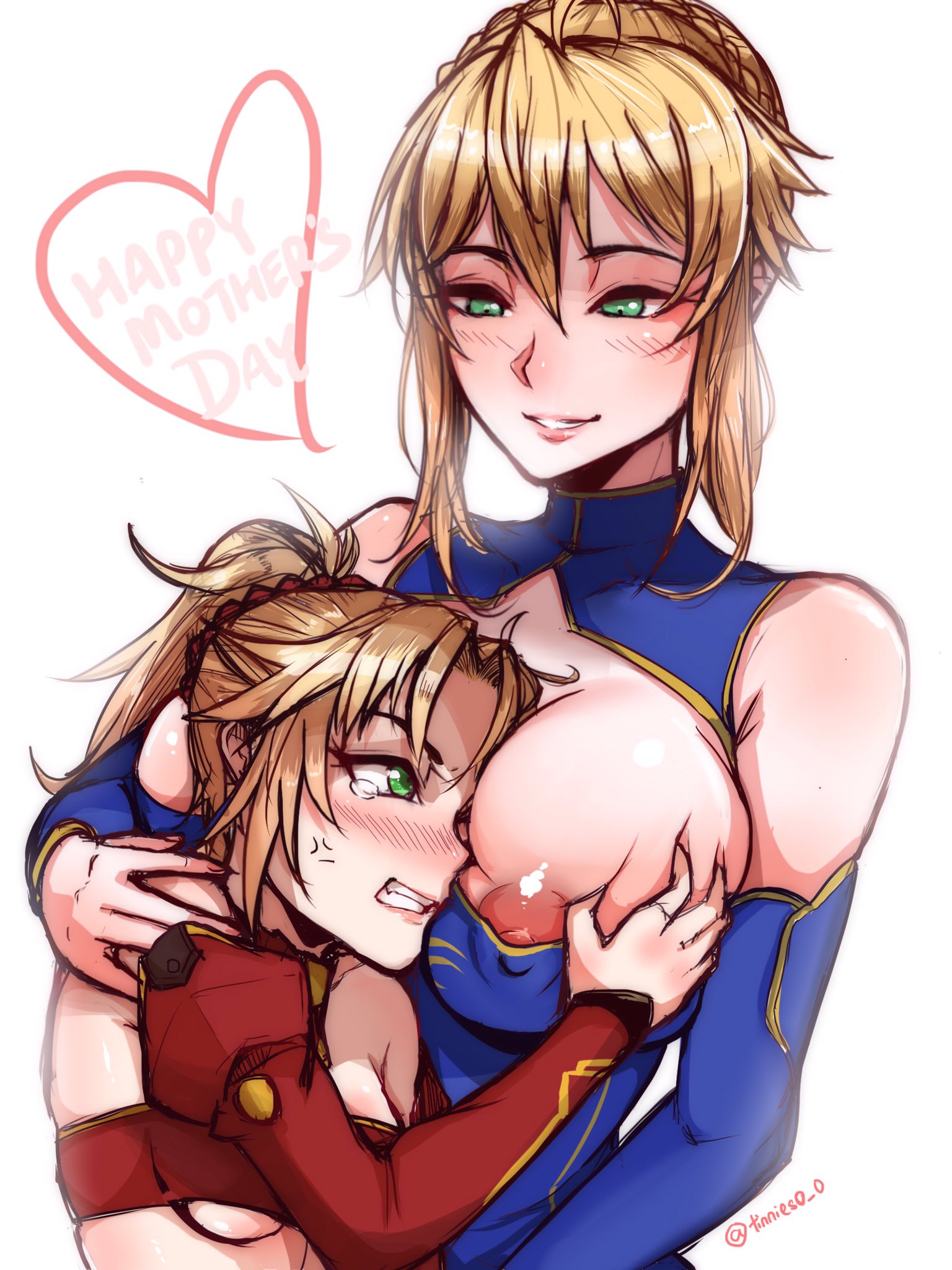 2girls, areolae, artoria pendragon, artoria pendragon (lancer), big breasts, blush, breast grab, breasts, cleavage, fate (series), fate/grand order, female, female only, incest, large breasts, mordred (fate), mother and daughter, multiple females, multiple girls, nipples, tinnies, yuri