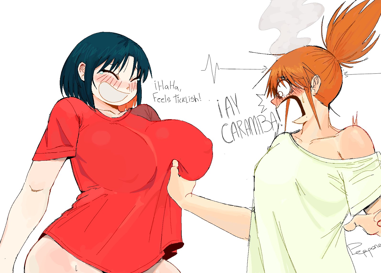 2girls, blue hair, breast grab, breasts, brown hair, city (arawi keiichi), collarbone, covered erect nipples, covered nipples, english text, female, huge breasts, izumi wako, long hair, nagumo midori, pepponeppo, ponytail, red shirt, shirt, short hair, simple background, single bare shoulder, spanish text, white background, white shirt, yuri