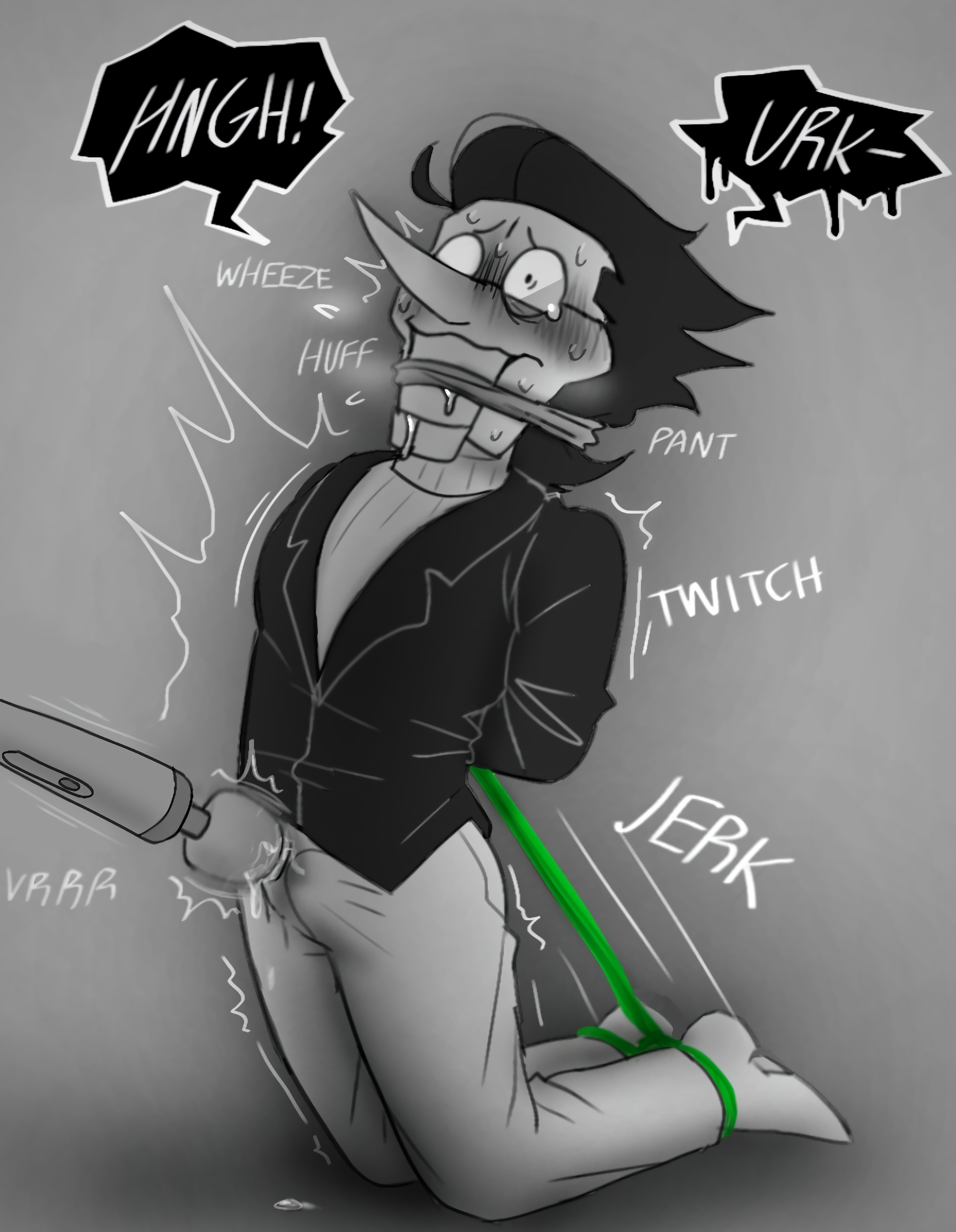 1boy, bondage, bound arms, bound legs, cliodoesntdraw, clothed, cum, deltarune, gag, male, male only, orgasm, overstimulation, penis, precum, spamton g spamton, tied up, vibrator, vibrator on penis