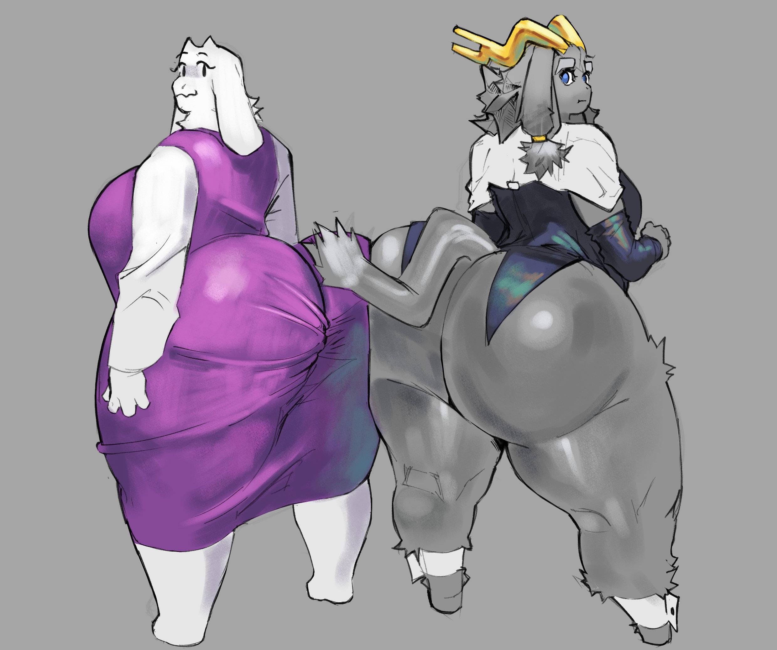 2025, 2d, 2d (artwork), 2girls, alternate ass size, alternate body type, anthro, anthro only, ass, big ass, big butt, clothed, clothing, crossover, duo, female, furry, furry female, gray fur, hi res, high resolution, highres, horns, huge ass, huge butt, pseudoregalia, quattrant, rear view, sybil (pseudoregalia), tail, thick ass, thick butt, toriel, undertale, undertale (series), white fur