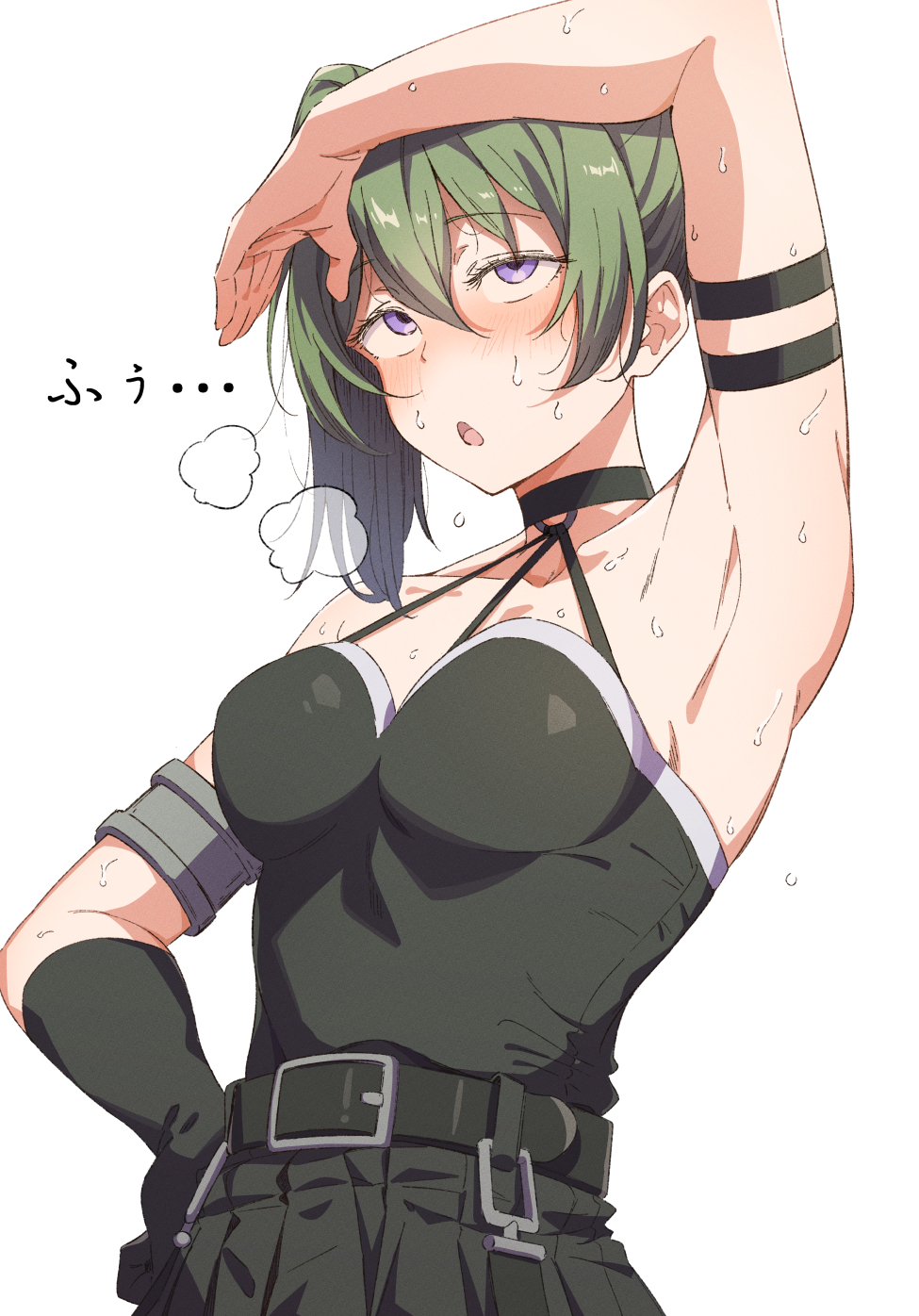 armpits, bare shoulders, belt, black belt, black gloves, breasts, commentary request, eitopondo, female, gloves, green hair, hair between eyes, heavy breathing, highres, hot, medium breasts, purple eyes, side ponytail, simple background, single glove, solo, sousou no frieren, sweat, ubel (sousou no frieren), white background