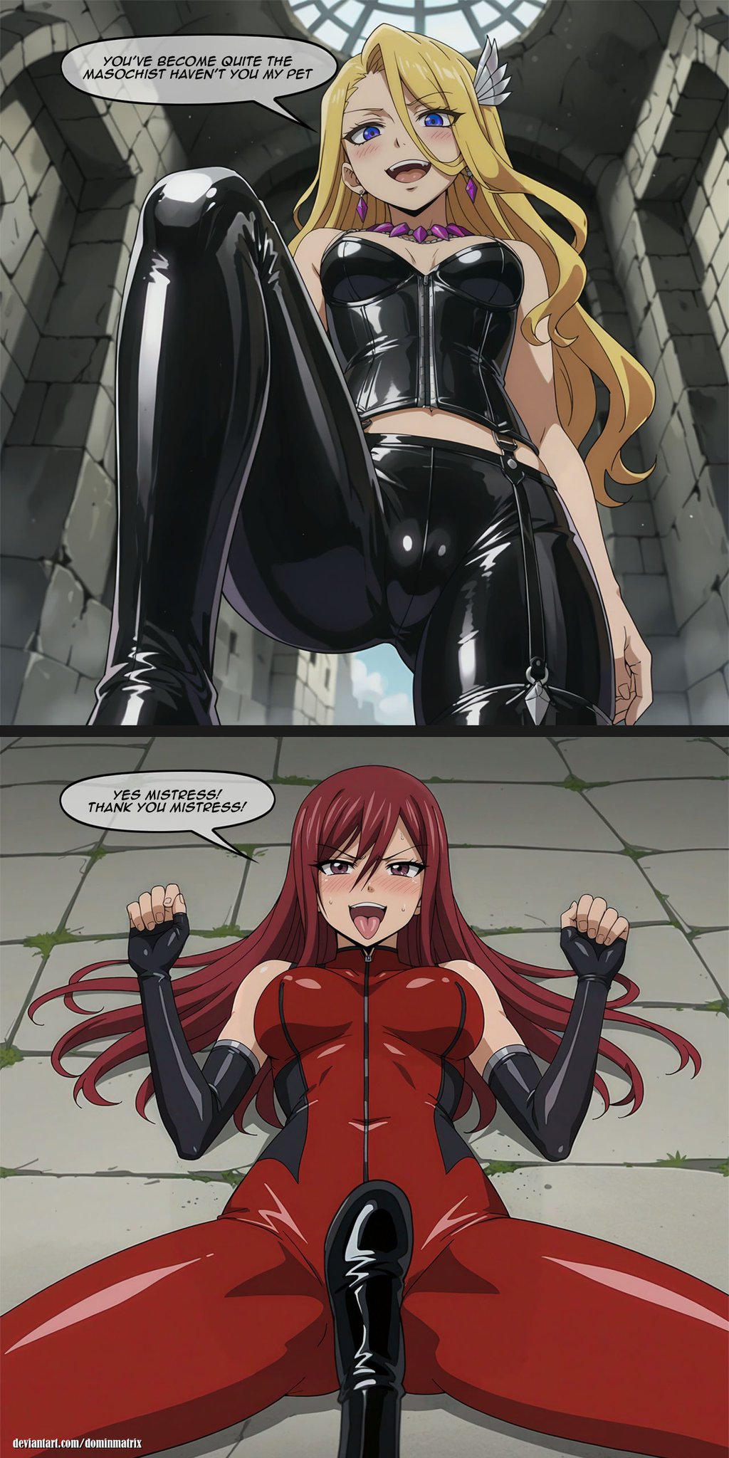 ahe gao, ai generated, blonde, blonde female, blonde hair, blue eyes, bondage, boot fetish, dominant, dominant female, domination, dominatrix, dominmatrix, erza scarlet, fairy tail, female, femdom, femsub, foot on pussy, from below, happy sub, kiria (fairy tail), latex, leather, leather boots, leather clothing, leather gloves, lezdom, lezsub, mistress, pussy, red hair, red-haired female, source request, stepped on, stepping on genitals, stepping on pussy, submissive, submissive female, tongue out, verbal domination, verbal submission, yuri