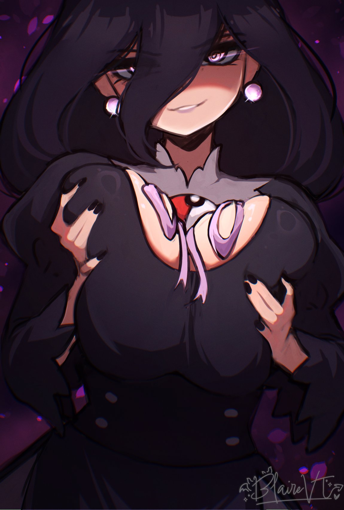 @ @, 1girls, 2025, alternate version available, black nail polish, black nails, blairevt, breast grab, breast lift, breast squish, breasts, deep skin, dress, earrings, female, game freak, glowing eyes, hex maniac, hex maniac (pokemon legends: z-a), holding breast, huge breasts, looking at viewer, nail polish, narrowed eyes, nintendo, npc trainer, object between breasts, pokeball, pokemon, pokemon legends: z-a, purple eyes, purple hair, ribbon, self fondle, smirk, smirking at viewer, soft breasts, solo, spiral eyes, watermark