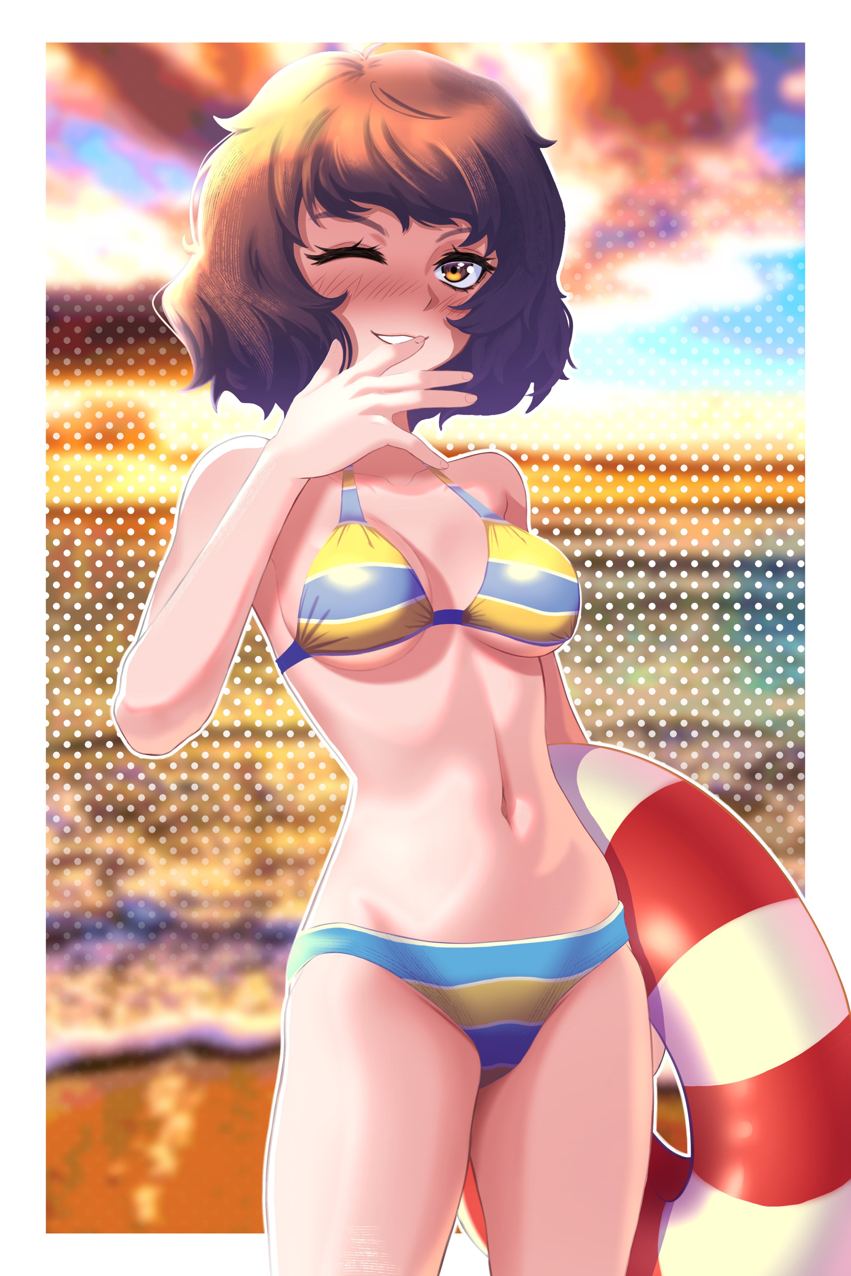 1girls, alternate version available, atlus, beach, big breasts, bikini, bikini bottom, bikini top, blush, bottomwear, breasts, brown eyes, brown hair, cleavage, female, female only, hair, holding object, mature, mature female, mature woman, one eye closed, persona, persona 5, sadayo kawakami, short hair, smile, solo, solo female, striped bikini, swimwear, tatamimats, thighs, topwear, wink, winking, yellow bikini