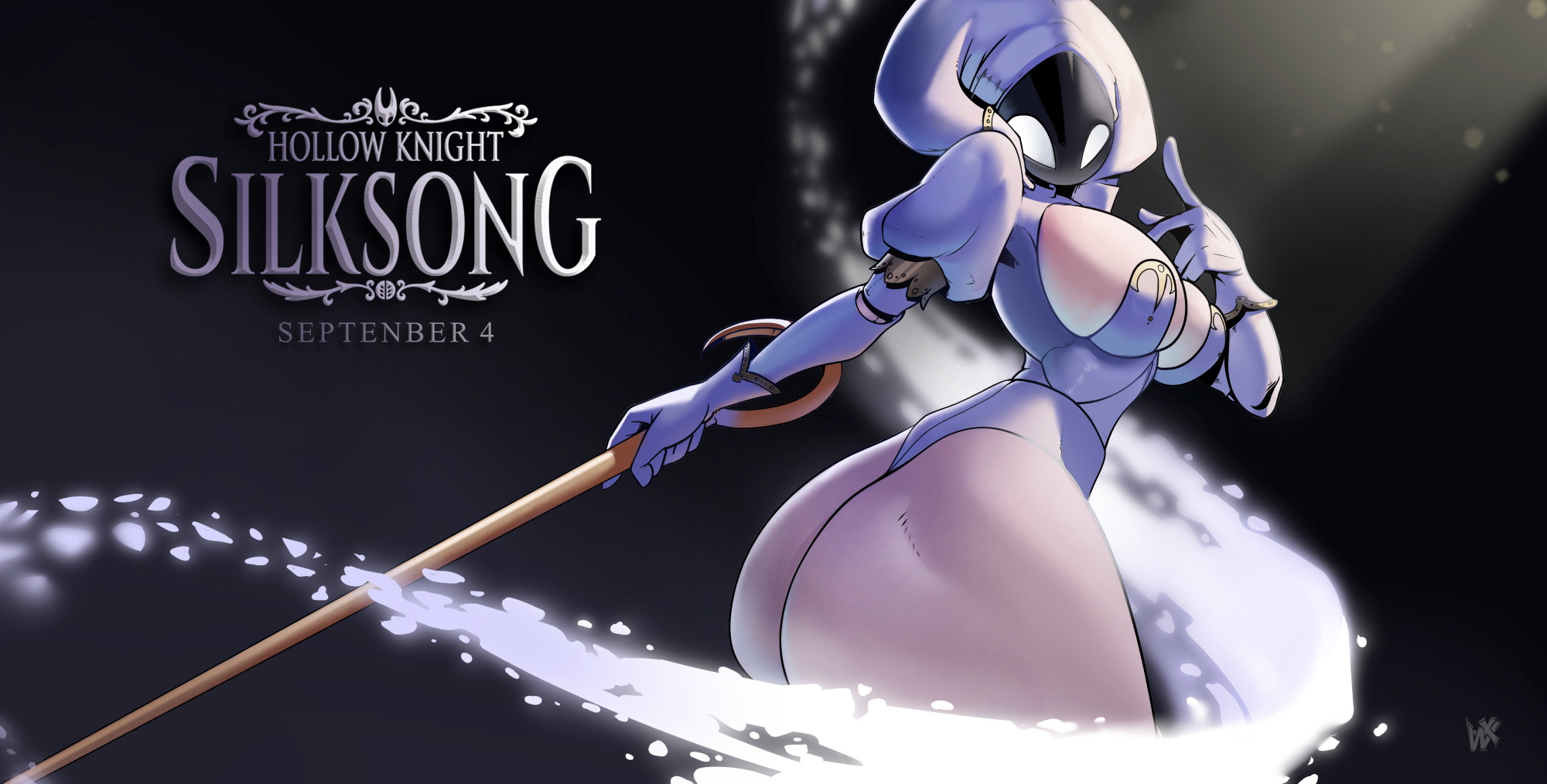 1woman, 2025, big ass, big breasts, breasts, cleavage, english text, female, hollow knight, hyper, hyper ass, lace (hollow knight), leotard, mask, silksong, team cherry, text, weapon, white skin, wirelixe