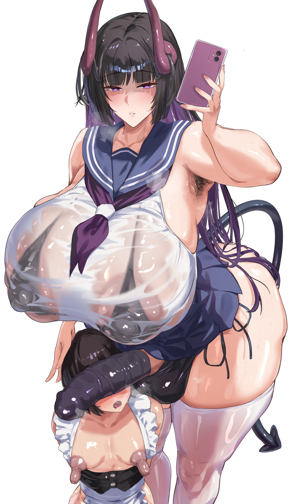 1boy, 1futa, armpit hair, armpits, black cocksleeve, black hair, blush, breasts, clothed futa, cocksleeve, curvy, demon horns, futanari, hairy armpits, heart-shaped pupils, height difference, hi res, horns, huge breasts, intersex, large areolae, light skin, light-skinned futa, light-skinned male, long nipples, looking at viewer, male, multicolored hair, open mouth, penis, penis accessory, penis awe, phone, purple eyes, purple hair, revealing clothes, see-through, seitoedaha, shirt, size difference, skirt, stockings, string bra, succubus, tail, tall futa, thighhighs, topless, very long hair, wide hips