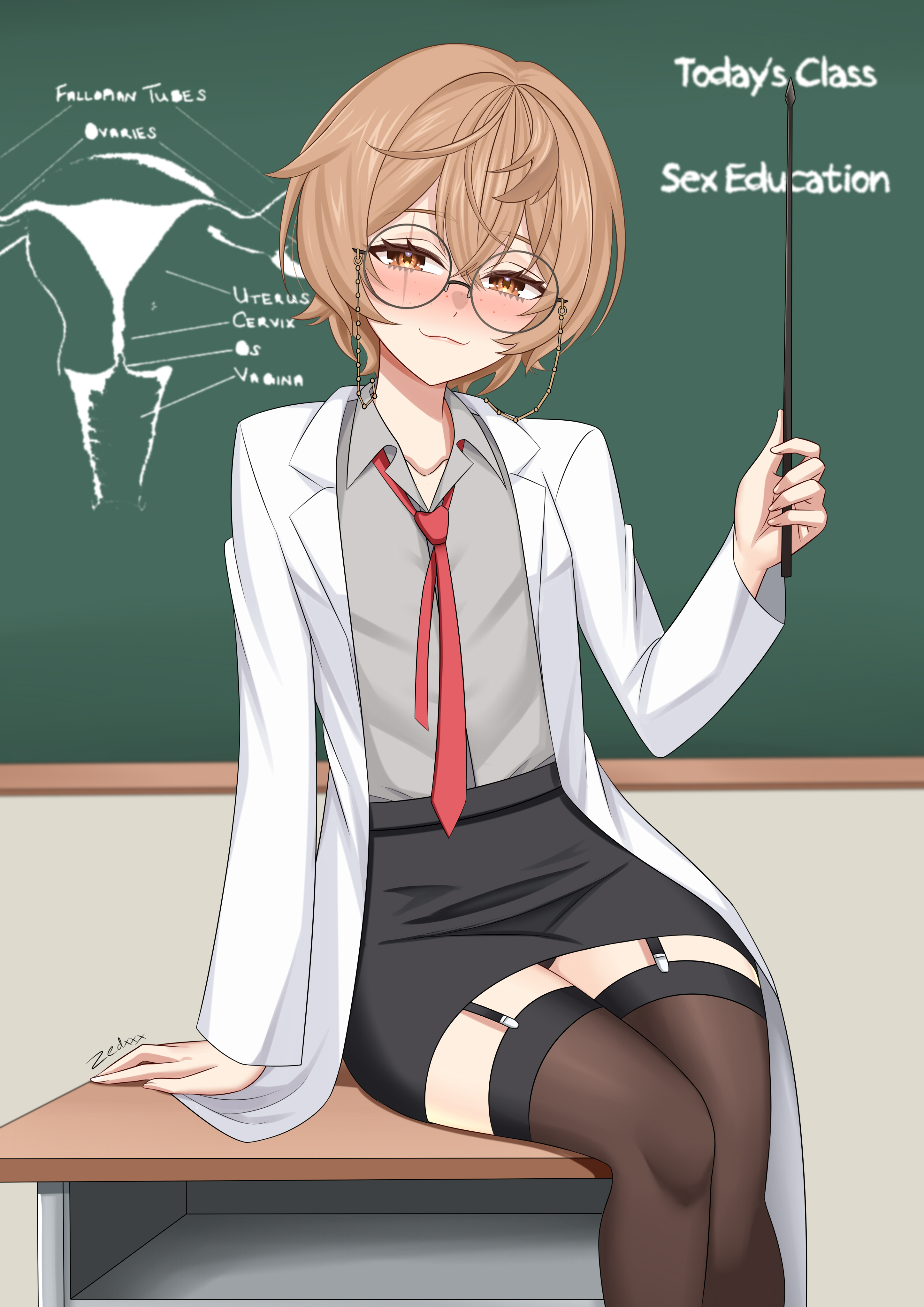 1girls, clio aite, facial scar, female, freckles, glasses, leggings, petite, petite female, professor, ruler, scar, short hair, short-haired female, skirt, solo, solo female, teacher, thigh highs, tie, twitter source, zedxxx