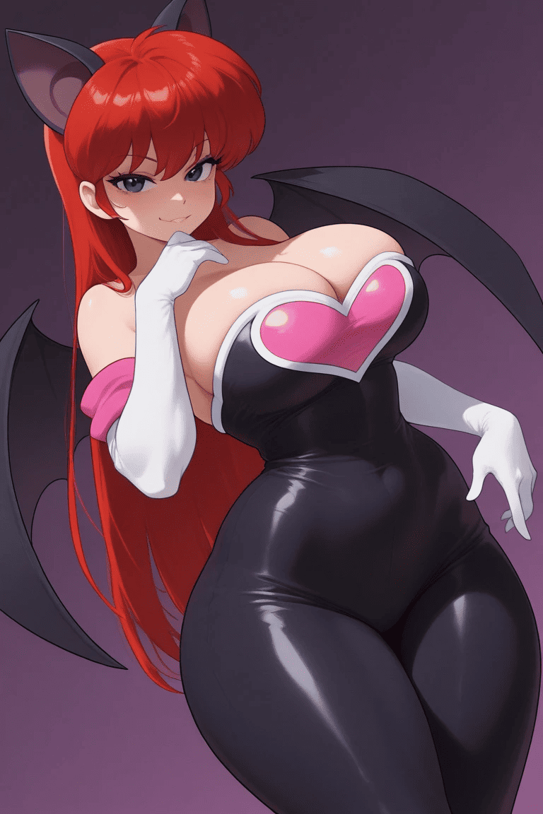 ai generated, breasts, cosplay, crossover cosplay, female, huge breasts, huge cleavage, ranma 1/2, ranma saotome, ranma-chan, rouge the bat (cosplay), slender body, small waist, tight clothes, tight clothing, voluptuous female