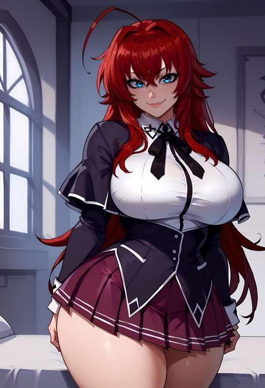 1girls, ahoge, ai generated, big breasts, blue eyes, breasts, female, female only, floxin, high school dxd, huge breasts, light-skinned female, long hair, narrow waist, red hair, rias gremory, school uniform, serafuku, sexy female, smile, solo, thick thighs, wide hips