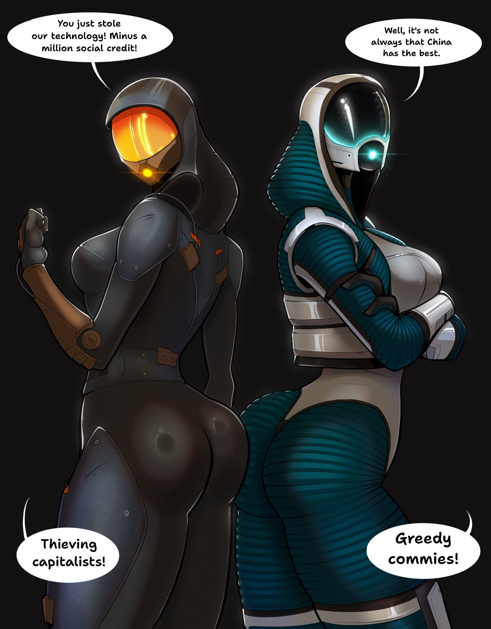 2girls, alien, alien girl, alien humanoid, ass, big ass, big breasts, bioware, bodysuit, breasts, bust, busty, chest, chinese stealth suit, courser strigidae, crossover, curvaceous, curvy, curvy figure, digital media (artwork), electronic arts, fallout, fallout (series), female, hips, hourglass figure, huge ass, huge breasts, humanoid, large ass, large breasts, legs, mask, masked female, mass effect, mature, mature female, quarian, slim waist, spacemaxmarine, tali'zorah nar rayya, thick, thick hips, thick legs, thick thighs, thighs, voluptuous, waist, wide hips