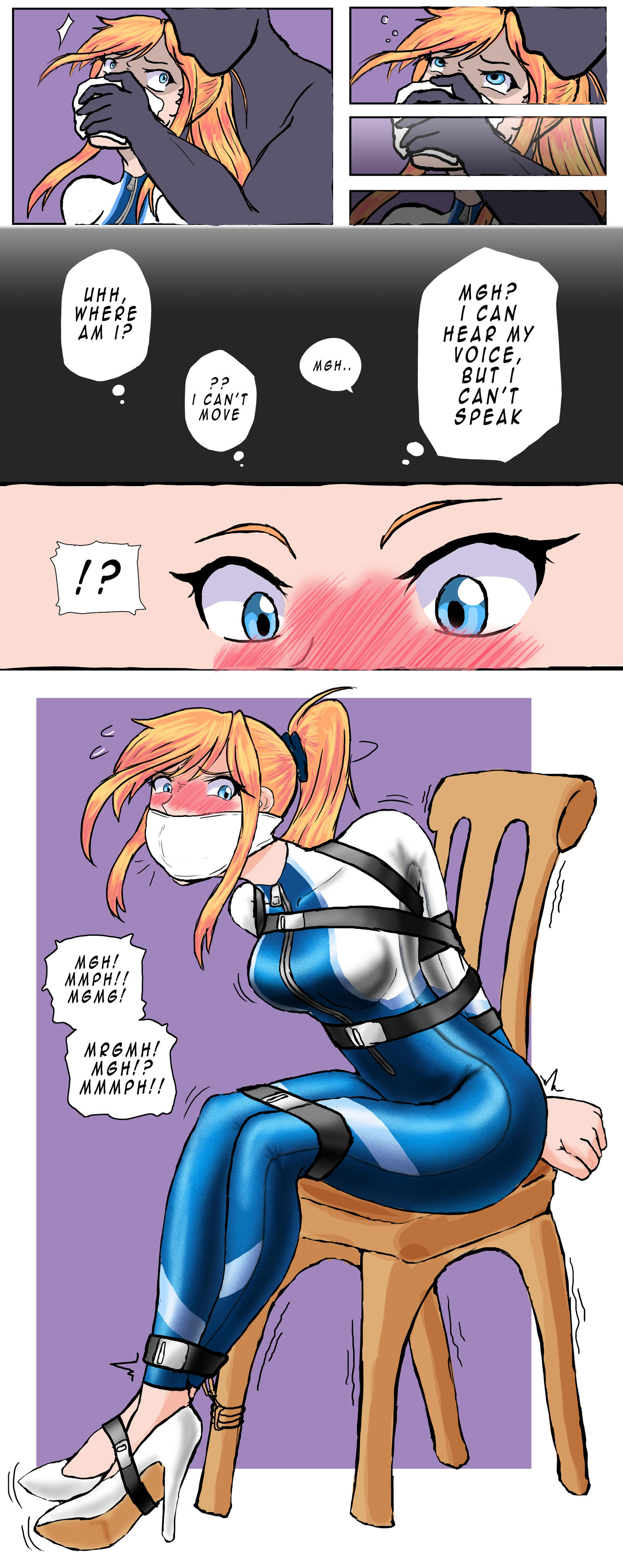 arms behind back, bondage, bound, bound arms, bound legs, chair bondage, chloroform, comic, female, gag, gagged, kidnapped, scared, tied up, worried