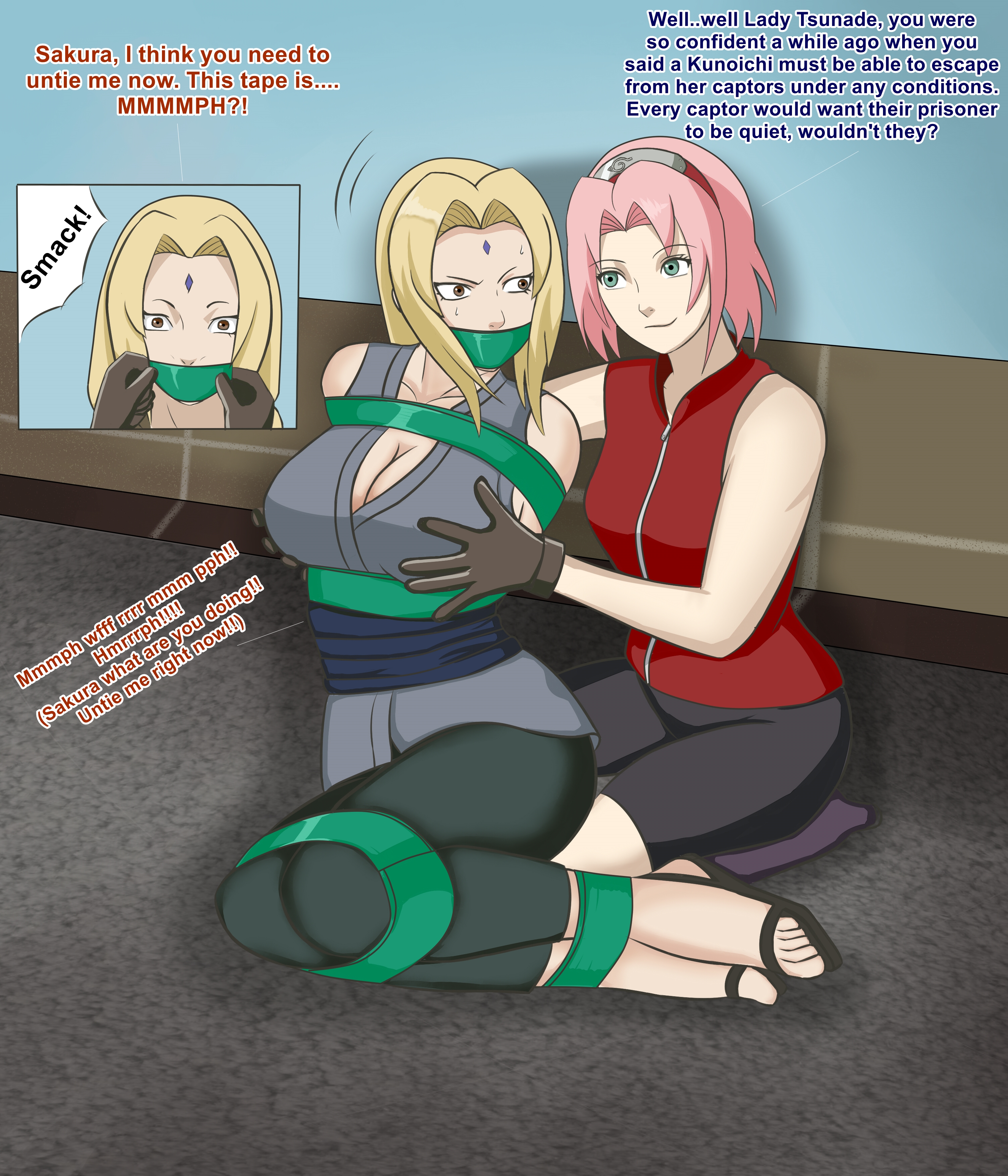 bdsm, bondage, bound, female, femdom, naruto, naruto (series), pangea1117, putting on gag, sakura haruno, tape gag, teacher and student, tied up, tsunade