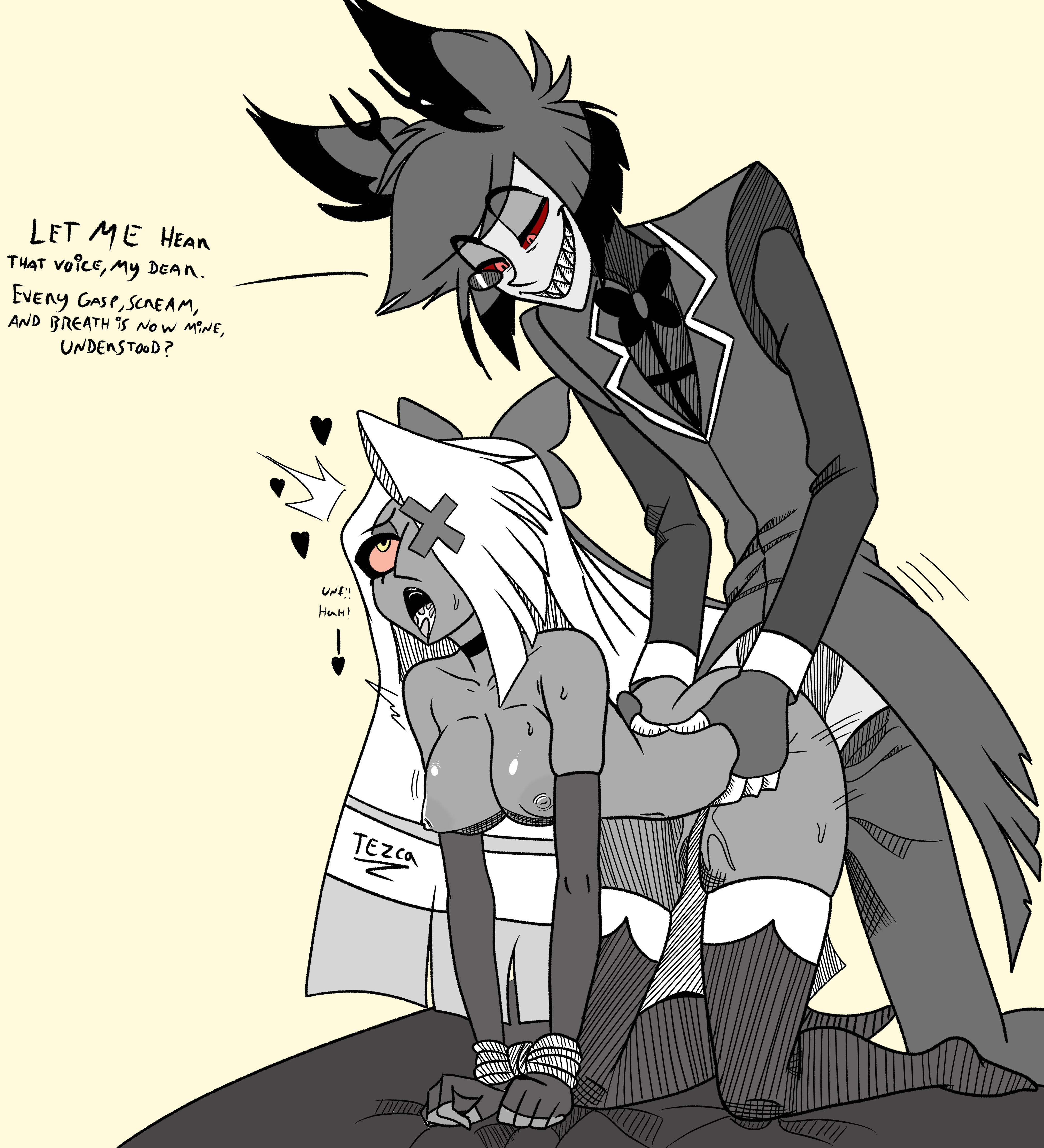 1girls, alastor (hazbin hotel), angel, ass, big ass, big breasts, blush, breasts, clothed, clothing, doggy style, duo, eye patch, female, female penetrated, hair, hazbin hotel, large breasts, lesbian with male, male, male penetrating, male penetrating female, male/female, nipples, open mouth, open smile, orgasm, orgasm face, partially clothed, penetration, pleasure face, pussy, red eyes, saliva, sex, simple background, smile, straight, sweat, teeth, tezcatolipoca, thick thighs, tongue, tongue out, vaggie (hazbin hotel), vaginal, vaginal penetration, vaginal sex, white hair
