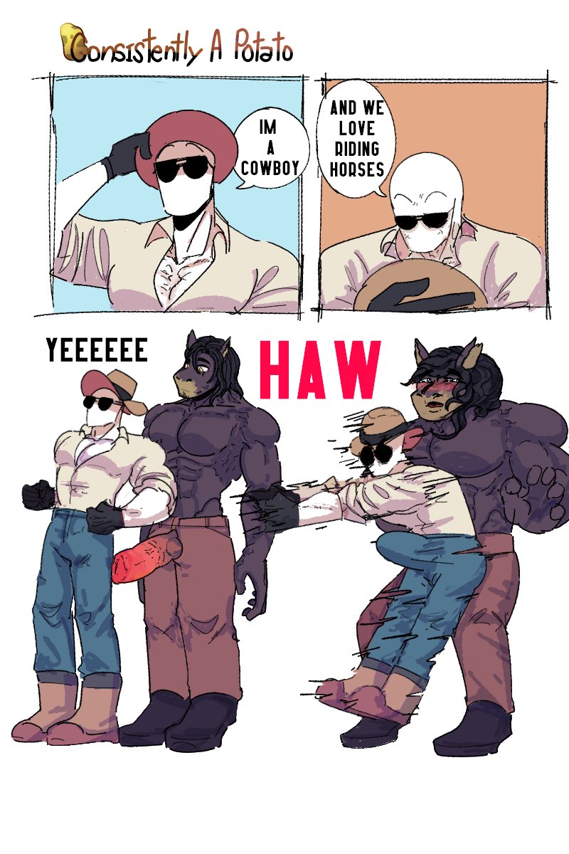 2boys, abs, accidental penetration, accidental sex, anthro, biceps, cowboy, cowboy hat, deep penetration, equine, funny, furry, gay, horse, huge cock, humor, interspecies, male, male focus, male only, meme, mouthless, mouthless male, muscular, muscular anthro, muscular male, nohomoexpress, pecs, pectorals, penetration from behind, penetration through clothes, penis, red text, sketch, speech bubble, stallion, sunglasses, surprise buttsex, surprise sex, surprised, surprised face, text, text bubble, unzipped pants, yaoi, yellow eyes