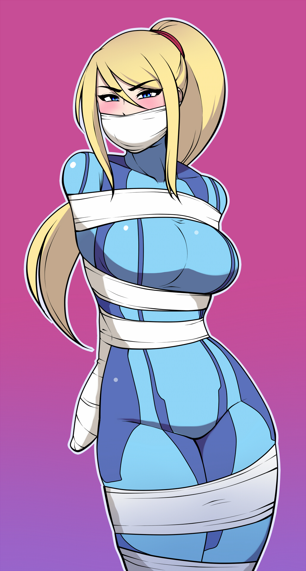 bdsm bimbo blonde_hair blue_eyes blush bodysuit bondage bound cleavage cloth_gag covered_mouth eyebrows_visible_through_hair female female_protagonist femsub gag gagged jam-orbital large_breasts metroid microfoam microfoam_tape nintendo ponytail samus_aran sidelocks tape tape_bondage taped_hands tied_up tight_clothing white_tape zero_suit zero_suit_samus