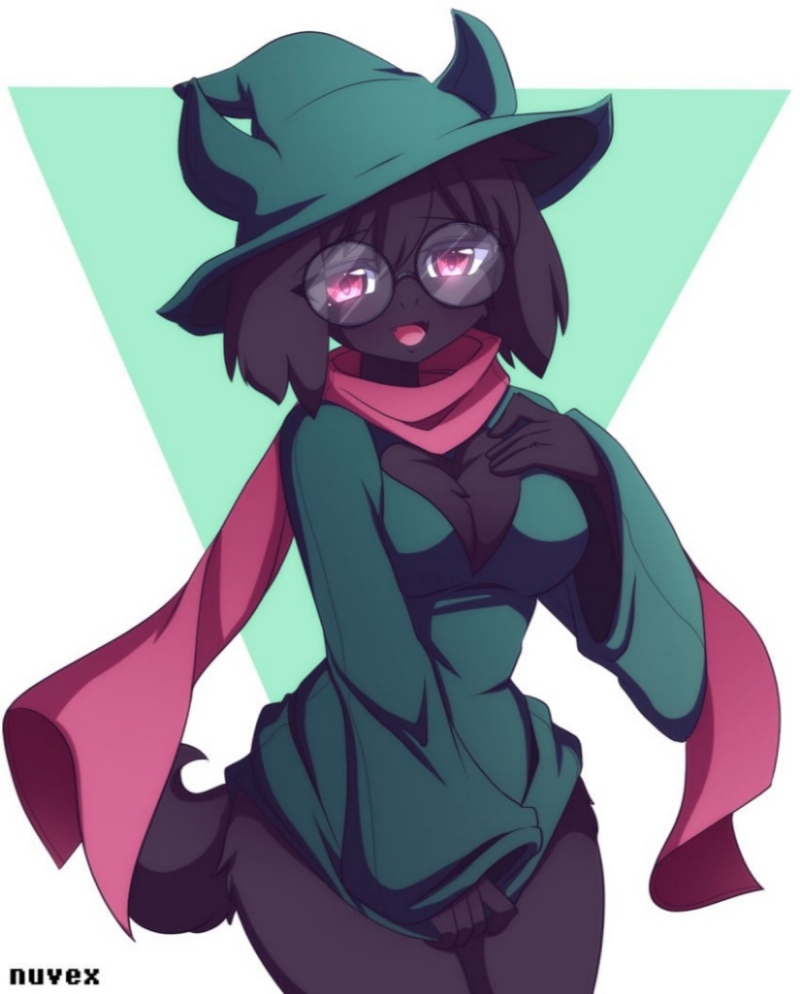 black hair, breasts, colored skin, deltarune, female, female ralsei, glasses, green scarf, green skin, hat, medium breasts, nuvex, open mouth, pink scarf, ralsei, ralsei (female), ralsei with black fur, rule 63, scarf, short hair, smile, solo, sweater, toby fox, undertale (series), witch hat