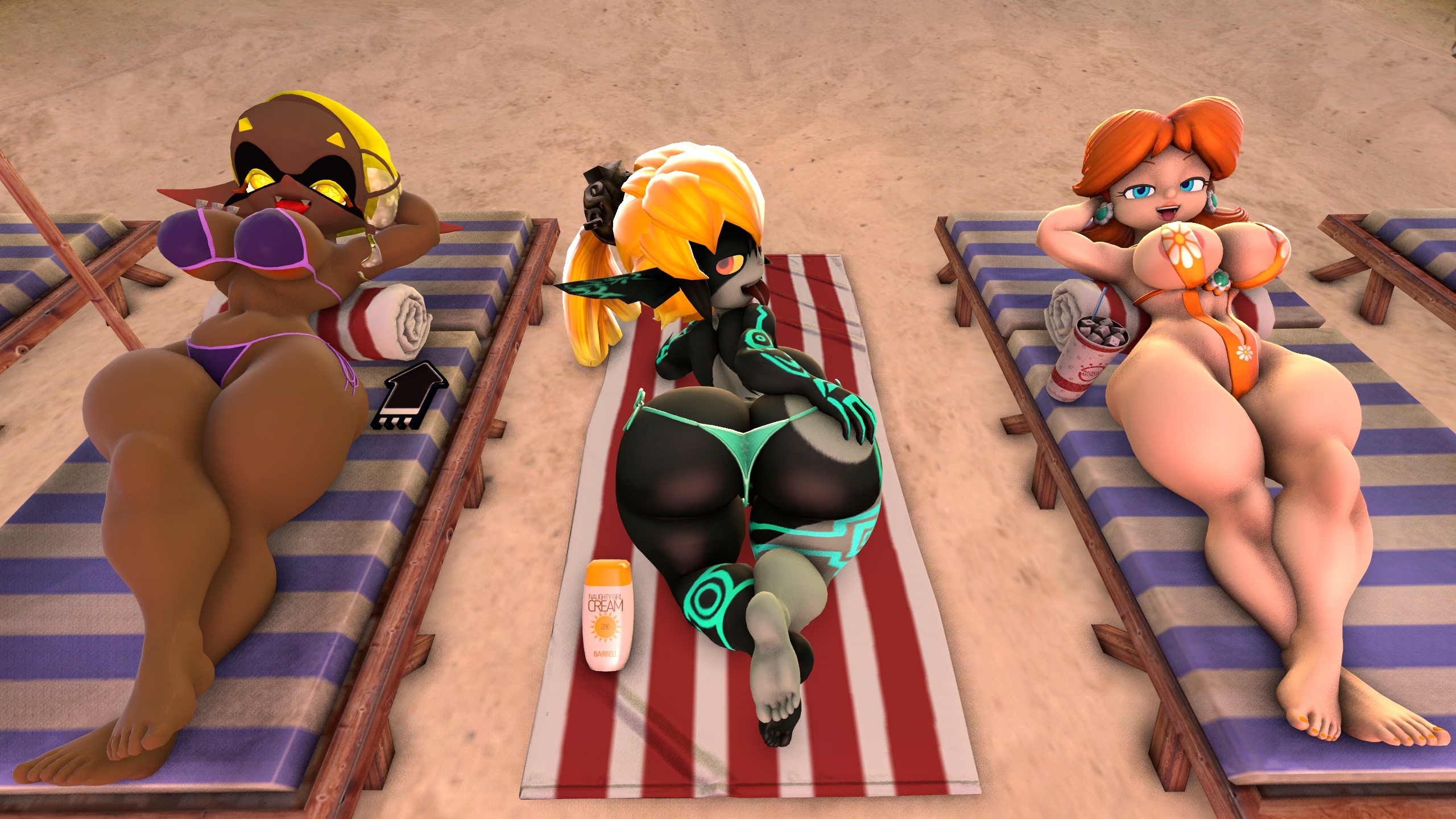 3d, 3d (artwork), 3girls, beach, bikini, breasts, company connection, crossover, female, female only, frye (splatoon), frye onaga, huge ass, huge breasts, imp midna, kabalmystic (style), laying down, laying on back, laying on stomach, looking at viewer, mario (series), midna, nintendo, princess daisy, self upload, sfm, shortstack, silverade55, sling bikini, slingshot swimsuit, source filmmaker, splatoon, splatoon (series), the legend of zelda, trio, twilight princess