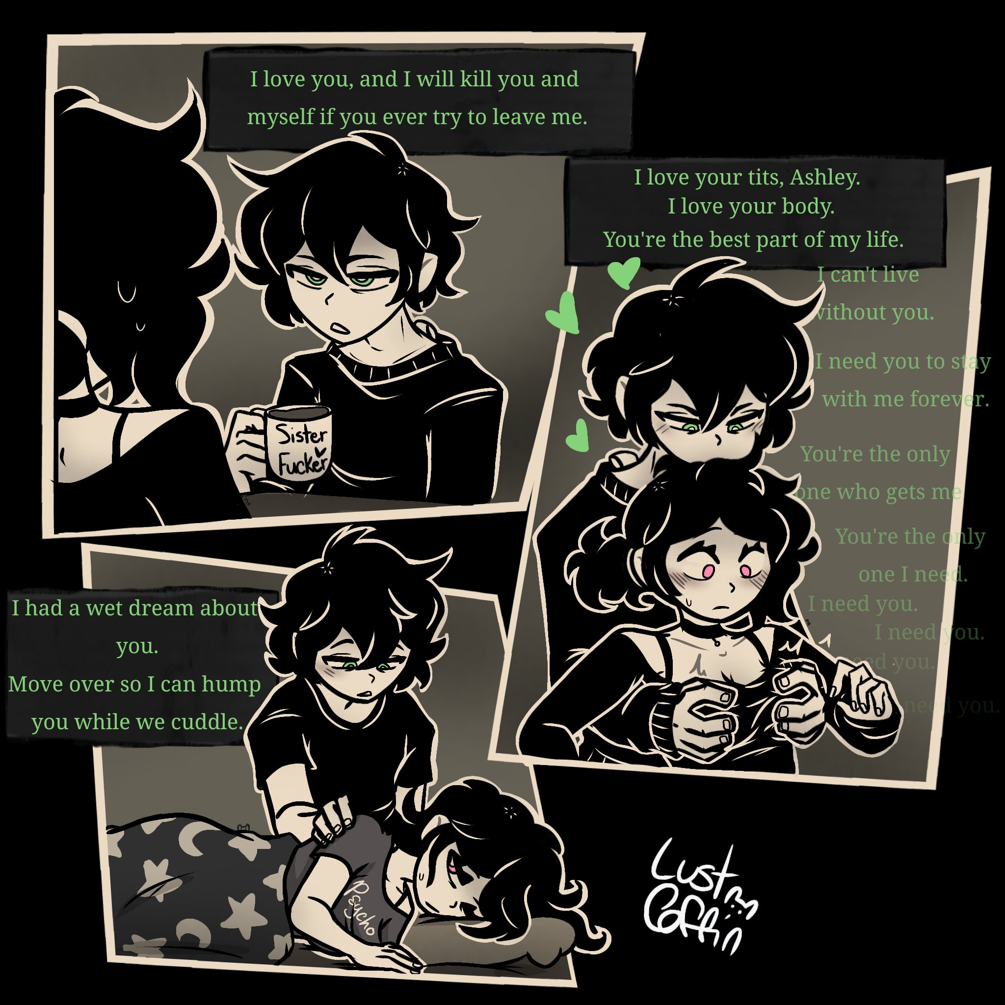 1boy, 1girls, 2d, andrew graves, ashley graves, breast grab, breast press, breasts, brother and sister, dialogue, english text, female, green eyes, incest, lust coffin, male, pink eyes, siblings, sleeping, the coffin of andy and leyley