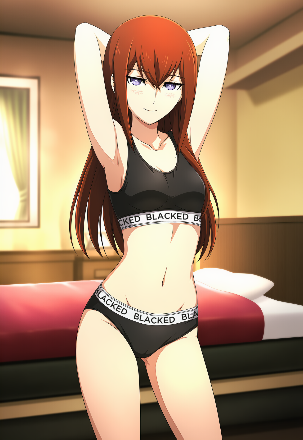 1girls, 2025, ai, ai art, ai generated, ai-created, armpits, arms, arms crossed, arms up, bed, bedroom, bikini, bikini bottom, bikini top, black clothing, blacked, blacked clothing, blue eyes, blush, blush lines, blushing at viewer, bra, breasts, cheating, cheating female, cheating girlfriend, closed mouth, clothed, clothing, day, daytime, ear, edit, edited, eyebrows, eyebrows visible through hair, eyes, eyes open, female, female focus, female only, hair, hair between eyes, light, light body, light skin, light-skinned, light-skinned female, long hair, looking at viewer, makise kurisu, medium breasts, netorare, nose, ntr, open eyes, open mouth, panties, pants, purple eyes, raceplay, red hair, sheets, small breasts, smile, smiling, smiling at viewer, snowbunny, solo, solo female, solo focus, sports bra, steins;gate, stomach, swimsuit, text, text on clothing, window