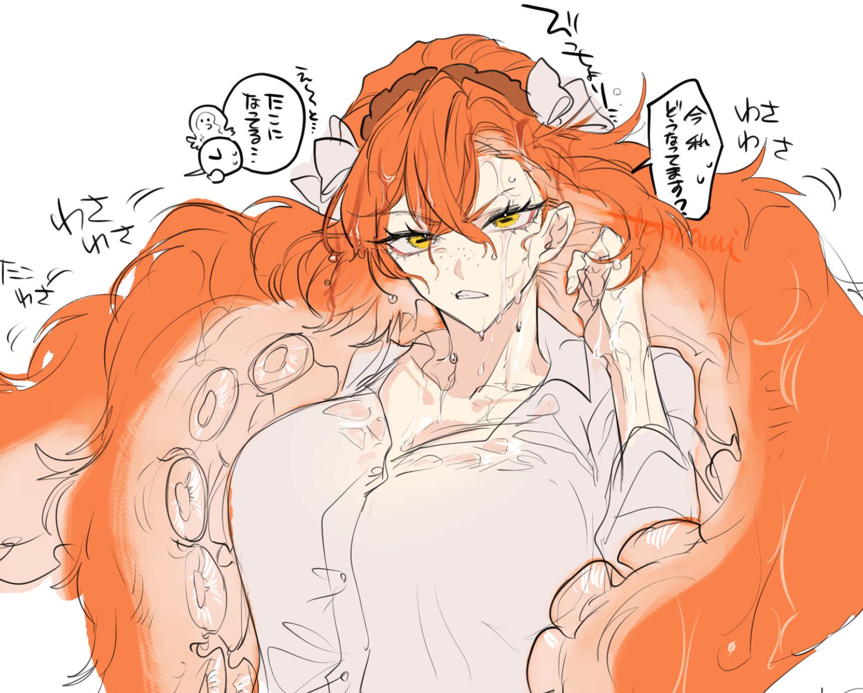 anger vein, bow, breasts, brown hairband, cg, collared shirt, female, freckles, hairband, hairbow, ishmael (limbus company), large breasts, limbus company, long hair, looking at viewer, not porn, orange hair, parted lips, project moon, safe, sfw, shirt, simple background, solo, speech bubble, sweat, tatsunami, upper body, very long hair, wet, wet clothes, wet hair, wet shirt, white background, white bow, white shirt, yellow eyes