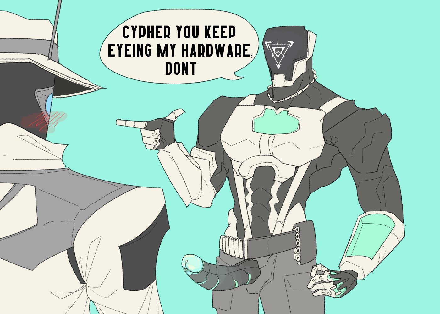 blush, blush lines, cypher (valorant), gay, kay/o (valorant), looking at genitalia, looking at penis, male, muscular, muscular male, nohomoexpress, penis, penis out, robot, robot boy, robot penis, valorant, yaoi