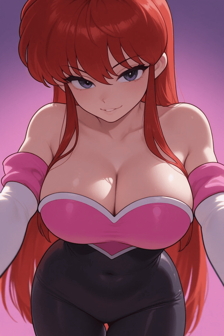 ai generated, breasts, breasts focus, crossover, crossover cosplay, female, huge breasts, huge cleavage, ranma 1/2, ranma saotome, ranma-chan, rouge the bat (cosplay), sexy pose, tight clothes, tight clothing