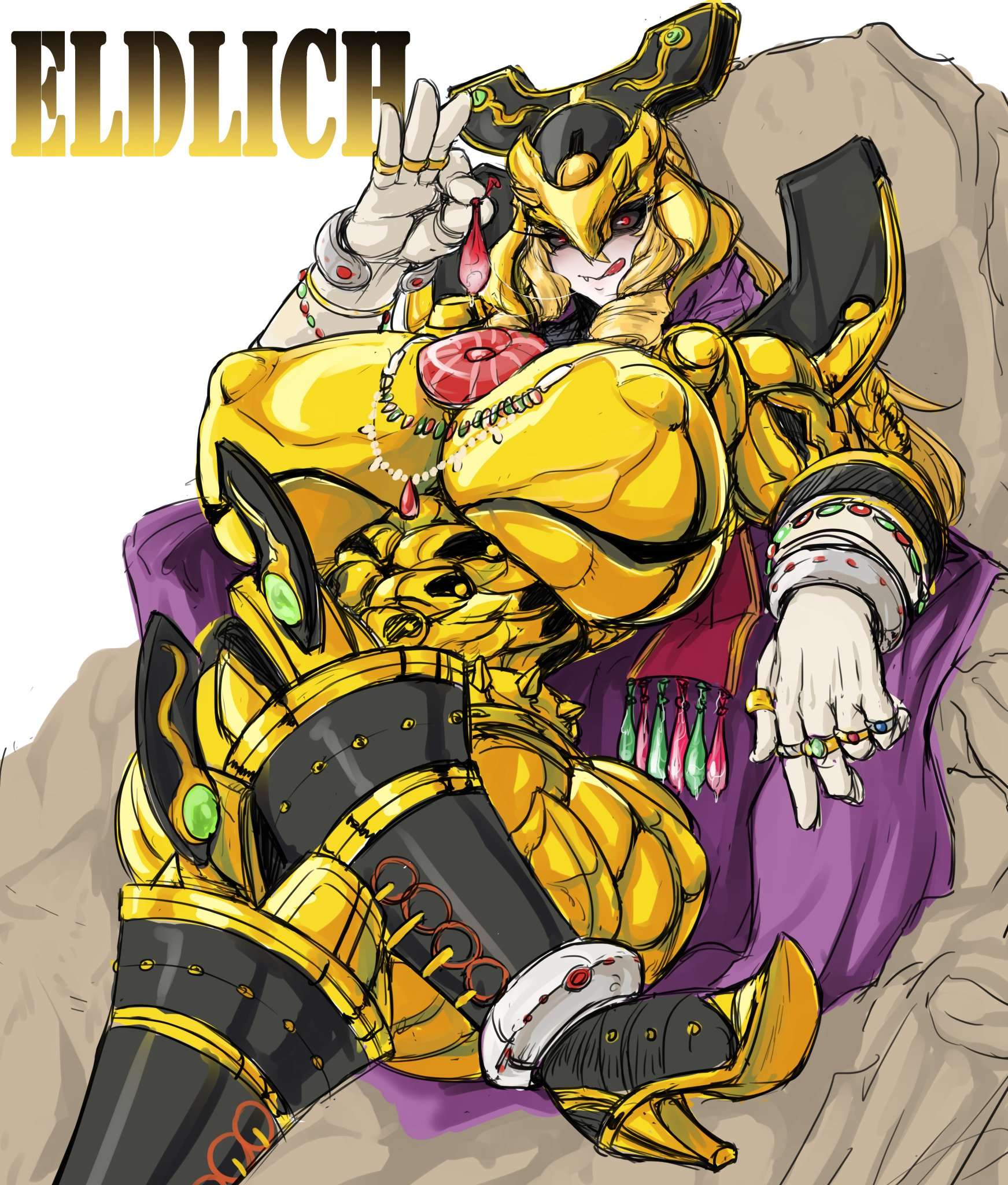 abs, armor, big breasts, black sclera, blonde hair, breasts, crossed legs, curvy, eldlich the golden lord, exabyte, female, filled condom, gold, huge breasts, light skin, light-skinned female, looking at viewer, mature female, muscular, muscular female, pale skin, pale-skinned female, parallax05, red eyes, rule 63, sitting, yu-gi-oh!