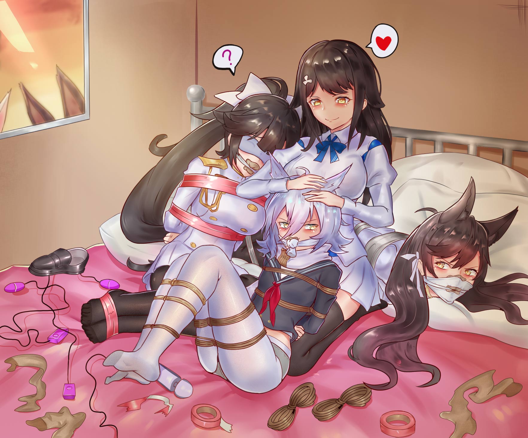 arms behind back, atago (azur lane), azur lane, bdsm, bondage, bound, female, femdom, femsub, gag, hitachi magic wand, lezdom, multiple females, multiple girls, multiple subs, pantyhose, rope, takao (azur lane), tied up, vibrator, yuri, 越黑島
