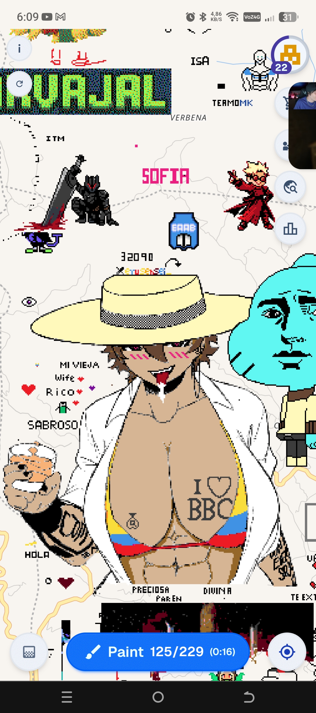 big breasts, bikini, black eyes, breasts, cuckold, drolling, erusensei, female, flag bikini, original character, pixel art, queen of spades, raceplay, tatoos, text, wplace
