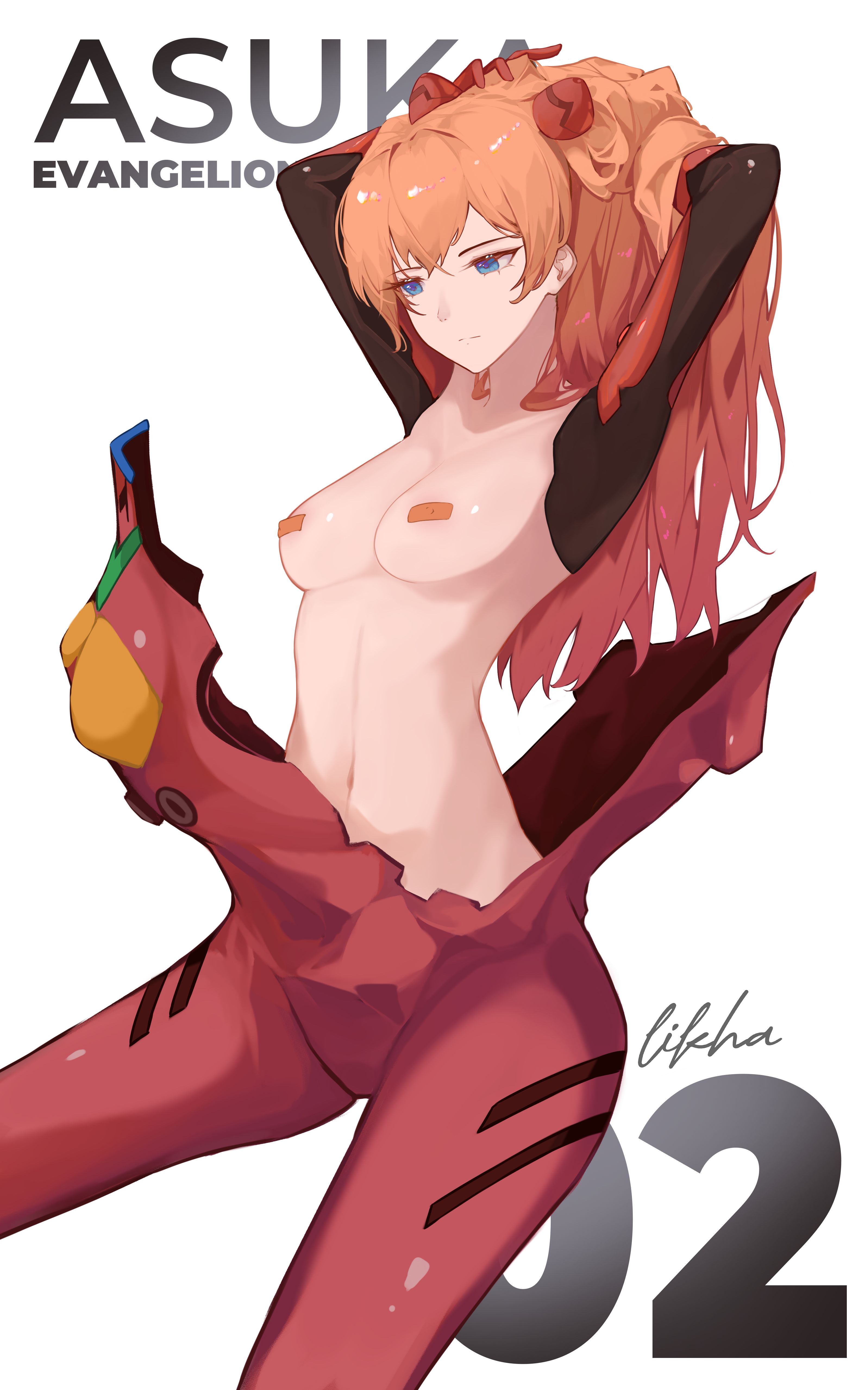 1girls, arm above head, arm behind head, arm up, arms behind head, arms up, asuka langley sohryu, band-aid, band-aid on nipple, bandaid, bandaids on nipples, bare belly, bare breasts, bare chest, bare midriff, bare navel, bare skin, bare tits, bare torso, belly, belly button, blue eyes, blue-eyed female, bodysuit, breasts, brown eyebrows, brown hair, brown-haired female, collarbone, curvaceous, curvaceous body, curvaceous female, curvaceous figure, curvaceous hips, curvaceous teenager, curvy, curvy body, curvy female, curvy figure, curvy hips, digital, digital art, digital drawing, digital drawing (artwork), digital media, digital media (artwork), double-parted bangs, elbows, exposed belly, exposed breasts, exposed chest, exposed midriff, exposed navel, exposed skin, exposed tits, exposed torso, female, female focus, female only, fingers, ginger, ginger hair, groin, hair between eyes, half naked, half nude, hand above head, hand behind head, hand on hair, hand on head, hand on own hair, hand on own head, hand up, hands behind head, hands on hair, hands on head, hands on own hair, hands on own head, hands up, high resolution, highres, inguinal crease, inguinal ligament, lean figure, li kha, linea alba, long hair, medium breasts, midriff, naked, naked female, naked woman, narrow waist, navel, neon genesis evangelion, nude, nude female, nudity, orange eyebrows, orange hair, orange-haired female, plugsuit, posing, posing for the viewer, posing naked, posing nude, red bodysuit, semi nude, shoulders, sidelocks, simple background, slender body, slender waist, slim waist, solo, standing, stomach, teenage female, teenager, thighs, underboob, upper body, white background, wide hips, young female, young woman