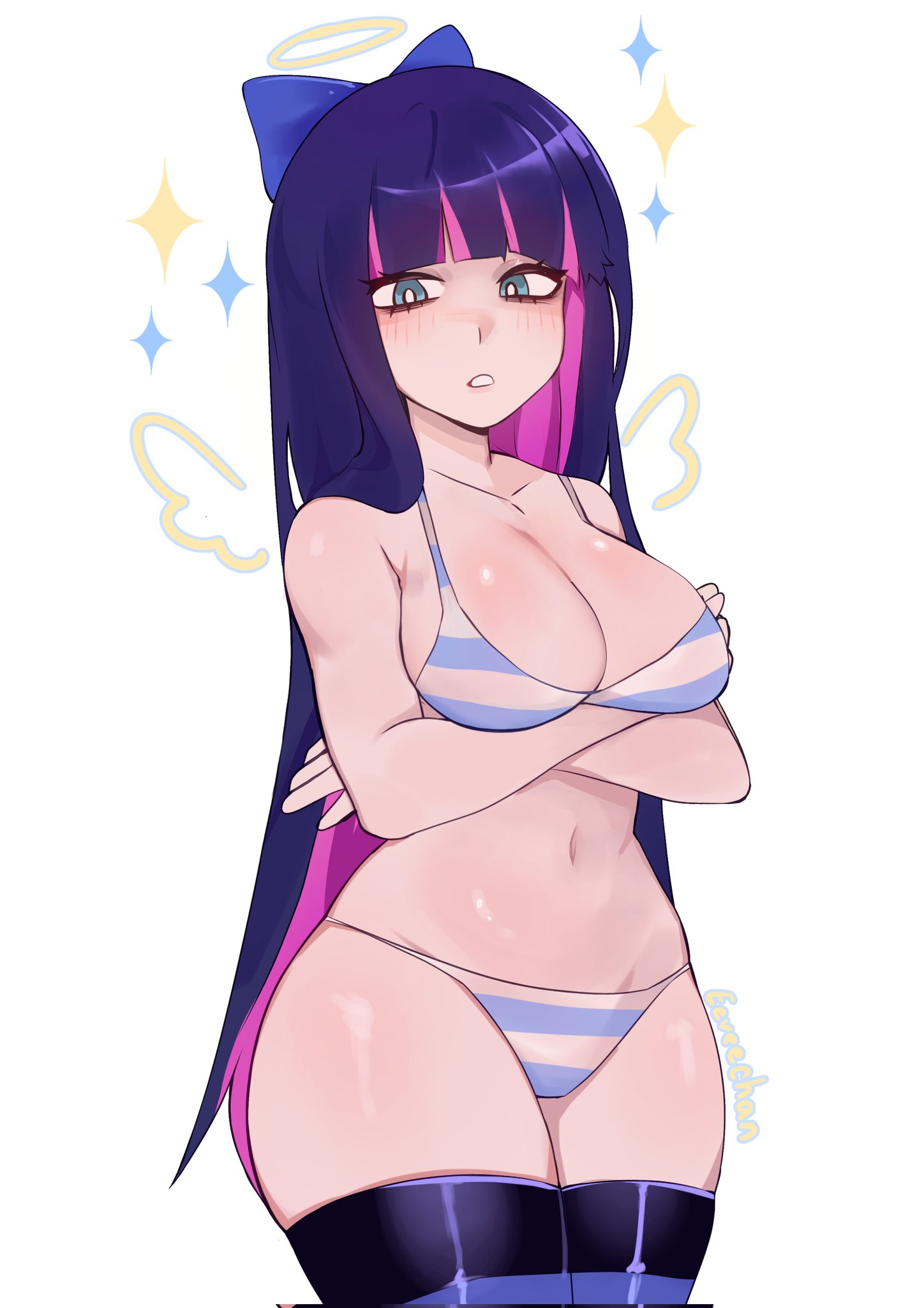 1girls, angel, angel wings, blue eyes, blush, bow, crossed arms, evygur0, female, hairbow, halo, legwear, panty & stocking with garterbelt, pink hair, purple hair, solo, solo female, sparkles, stocking anarchy, stockings, striped legwear, striped underwear, thighhighs, two-tone hair, underwear, wings