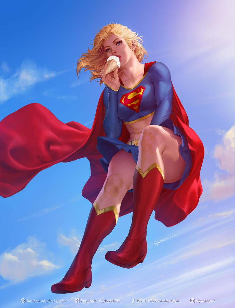 blonde hair, boots, cape, dc, dc comics, female, ice cream, krysdecker, midriff, skirt, supergirl, superheroine, superman (series)
