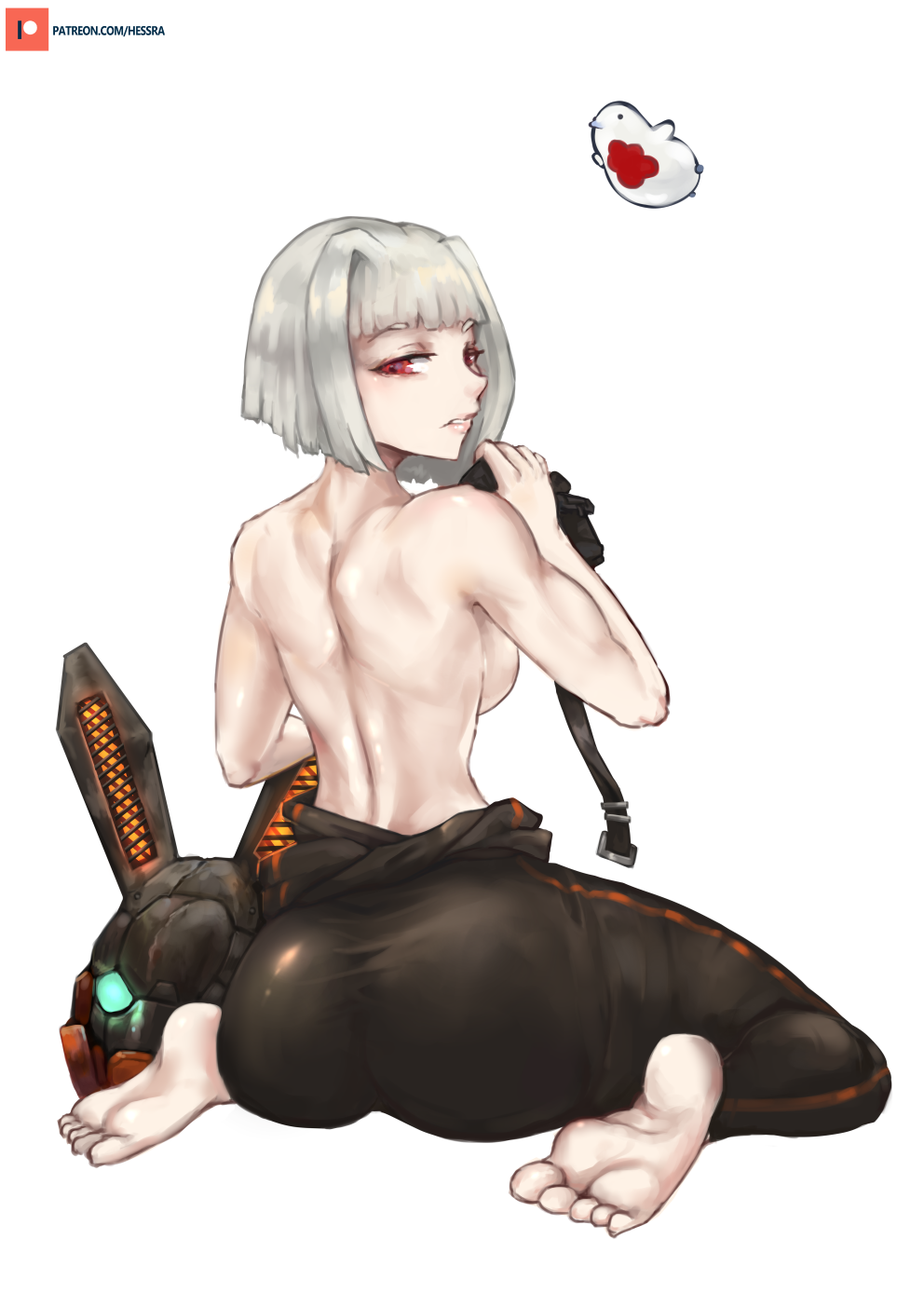 ass back back_view backboob barefoot feet hessra lobotomy_corporation muscular myo_(lobotomy_corporation) project_moon red_eyes sitting solo tight_clothing undressing white_background white_hair