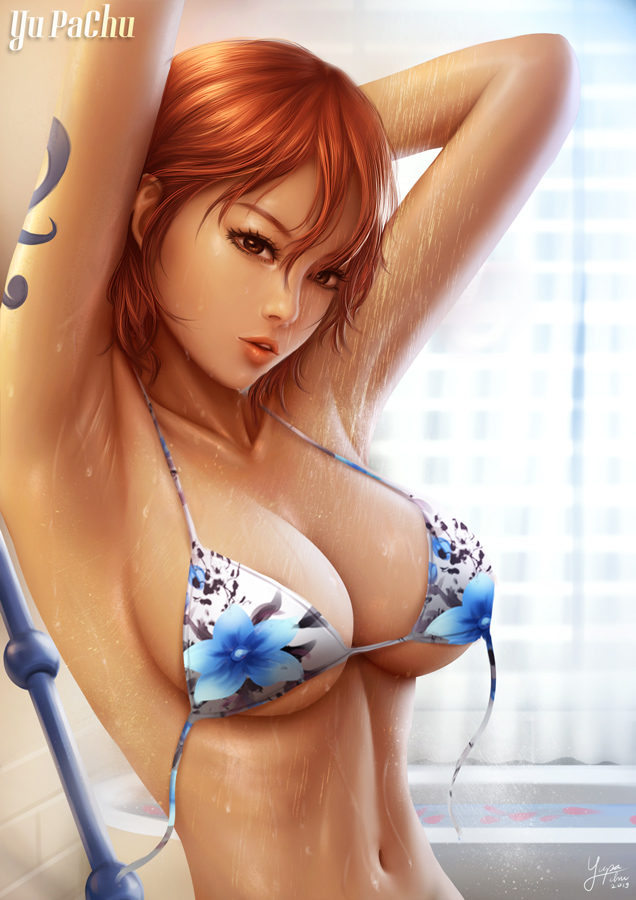1girls, armpits, arms up, bikini, bra, breasts, brown eyes, cleavage, female, female only, large breasts, looking at viewer, nami (one piece), one piece, red hair, short hair, shounen jump, shower, showering, solo, tattoo, wet, yupachu