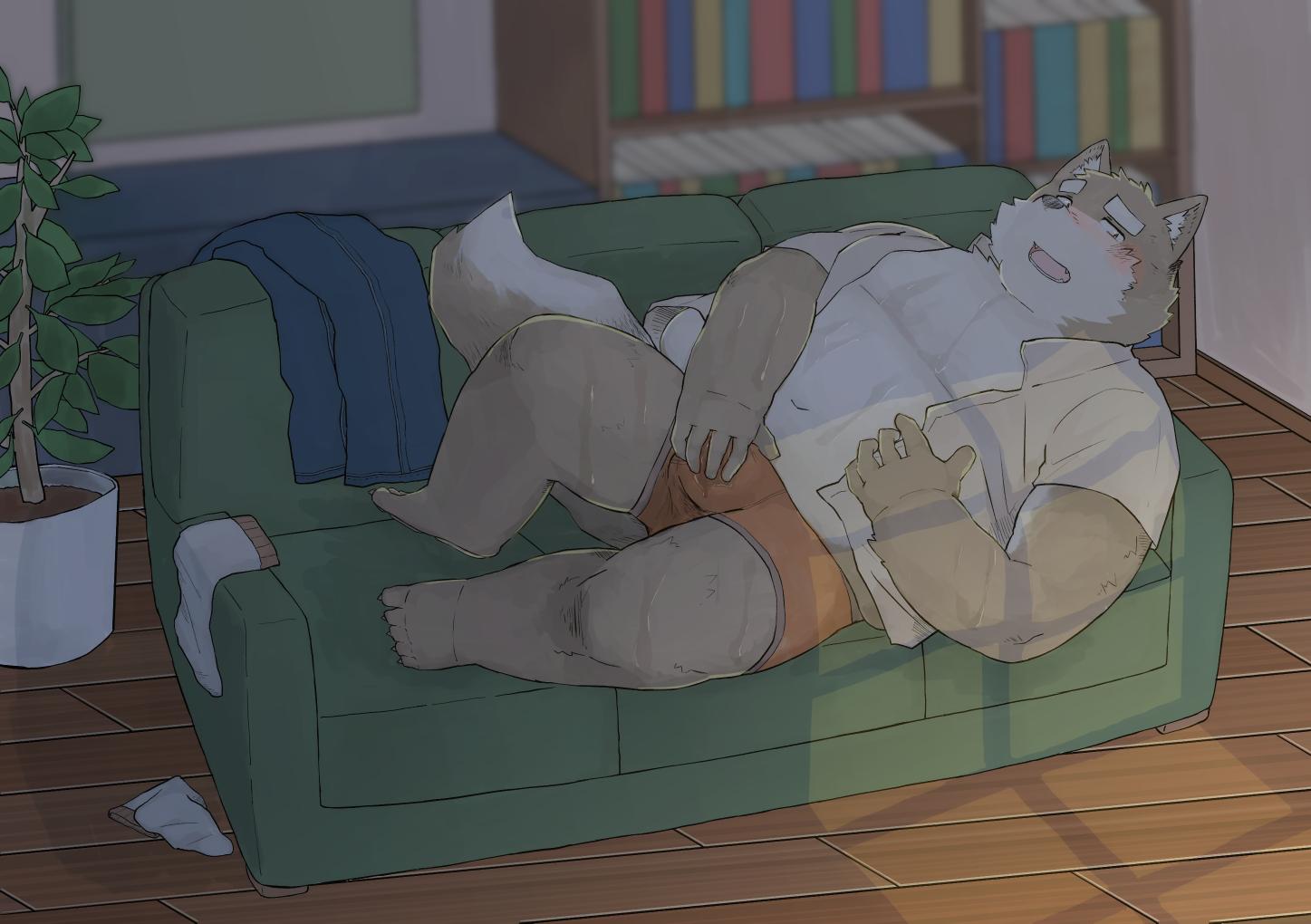 2019 anthro belly blush bulge canid canine canis chocobibear clothed clothing detailed_background domestic_dog humanoid_hands lying male male_only mammal navel open_shirt shirt slightly_chubby sofa solo sweat topwear underwear