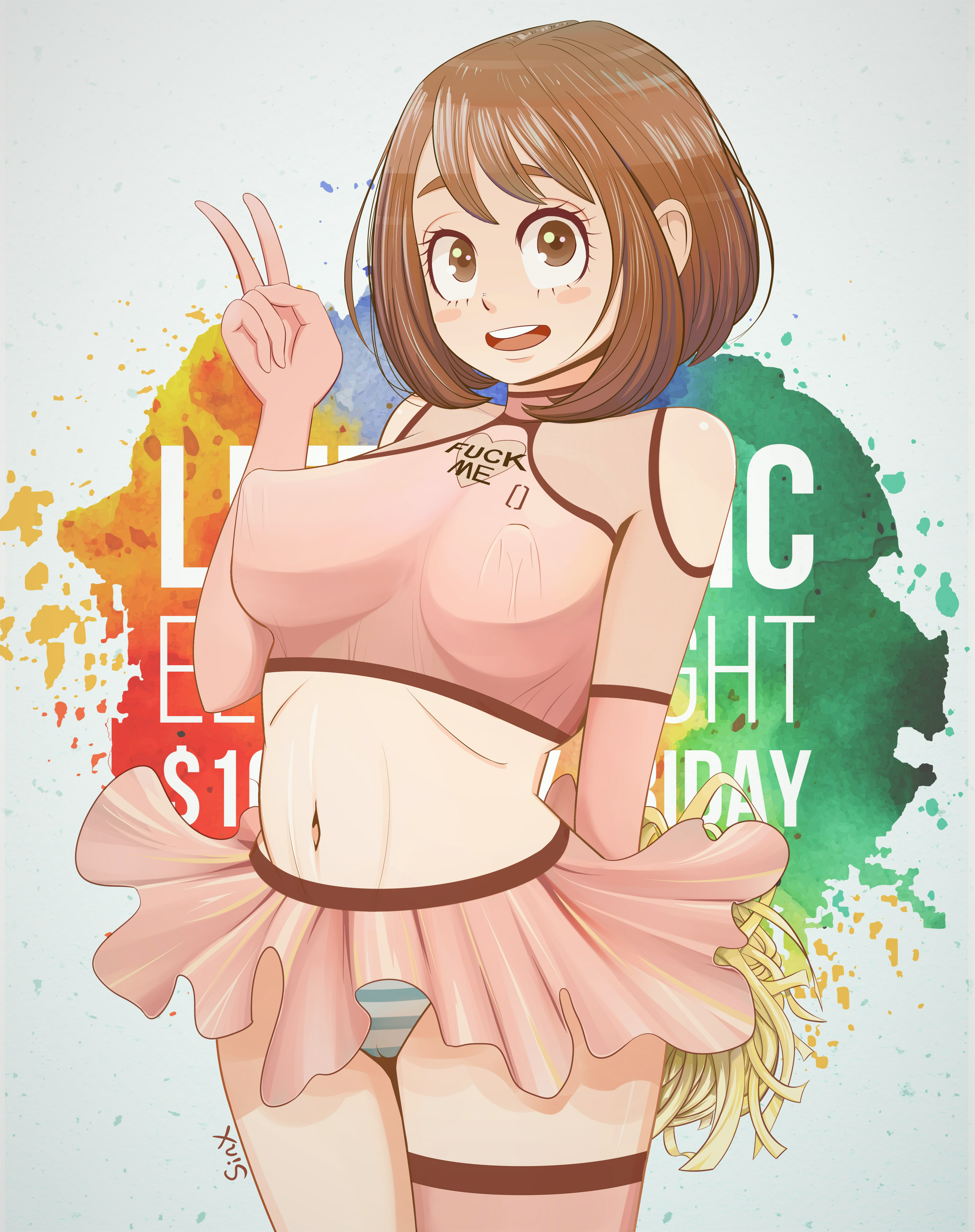 1girls, ass, big ass, big breasts, breasts, brown eyes, brown hair, cheerleader, clothed, female, female only, looking at viewer, my hero academia, ochako uraraka, short hair, sinx, skirt, smile, stockings, text, v