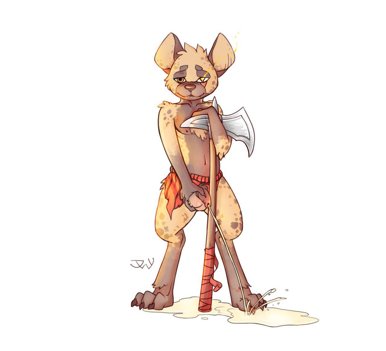 3_toes anthro axe balls barefoot gnoll hyaenid looking_at_viewer male mammal melee_weapon noxor_(artist) peeing penis simple_background solid_color_background tagme toes urine waistband watersports weapon white_background