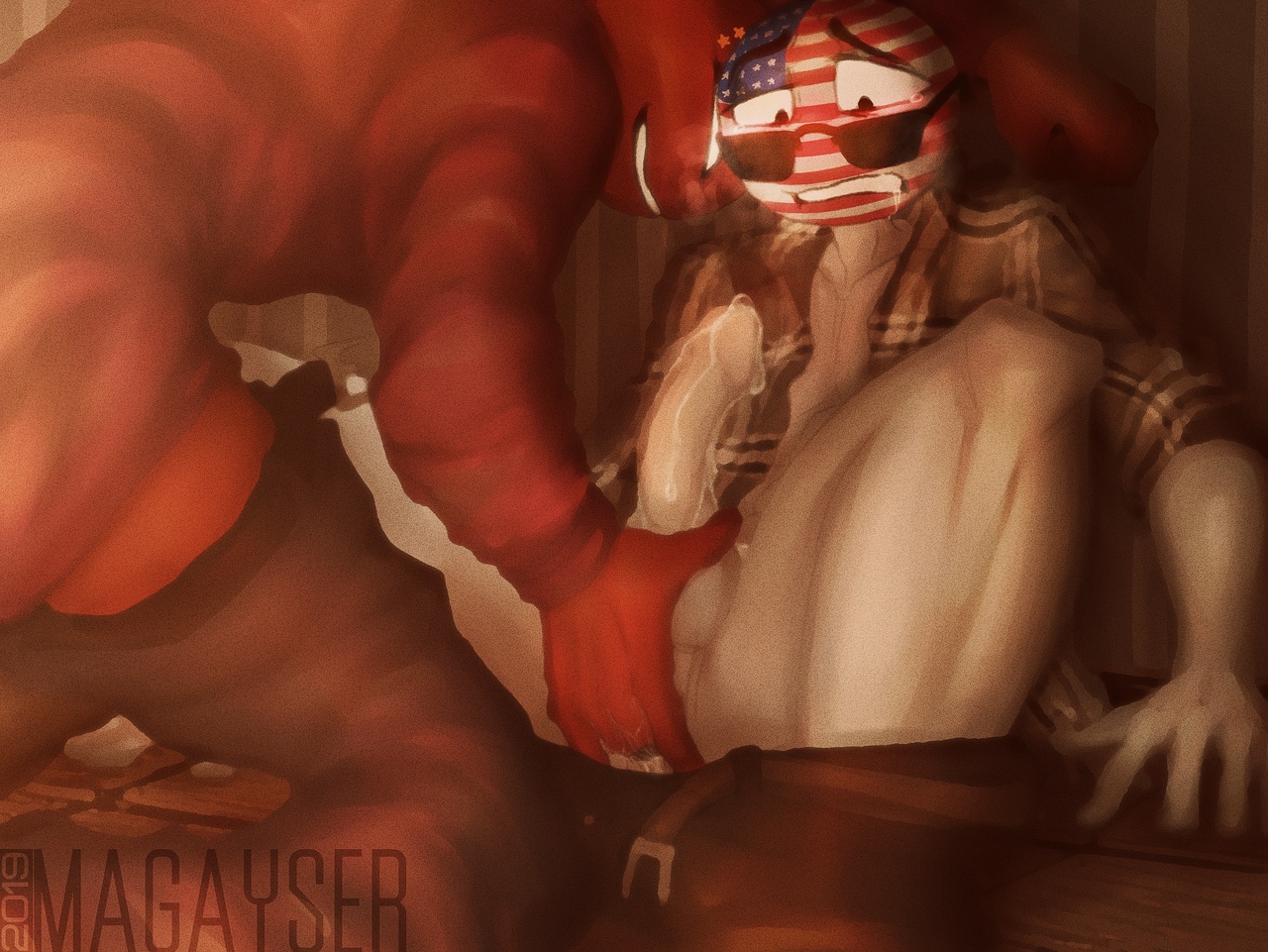 2019, 2boys, against wall, anal, anal fingering, anal penetration, ass juice, balls, black eyes, china (countryhumans), clothed, countryhumans, cum, detailed background, drooling, fingering, gay, half-dressed, heavy breathing, magayser, male, male only, open clothes, open shirt, pants down, partially clothed, penetration, penis, precum, smile, stickman, sunglasses, tear, unbuttoned, united states of america (countryhumans), yaoi