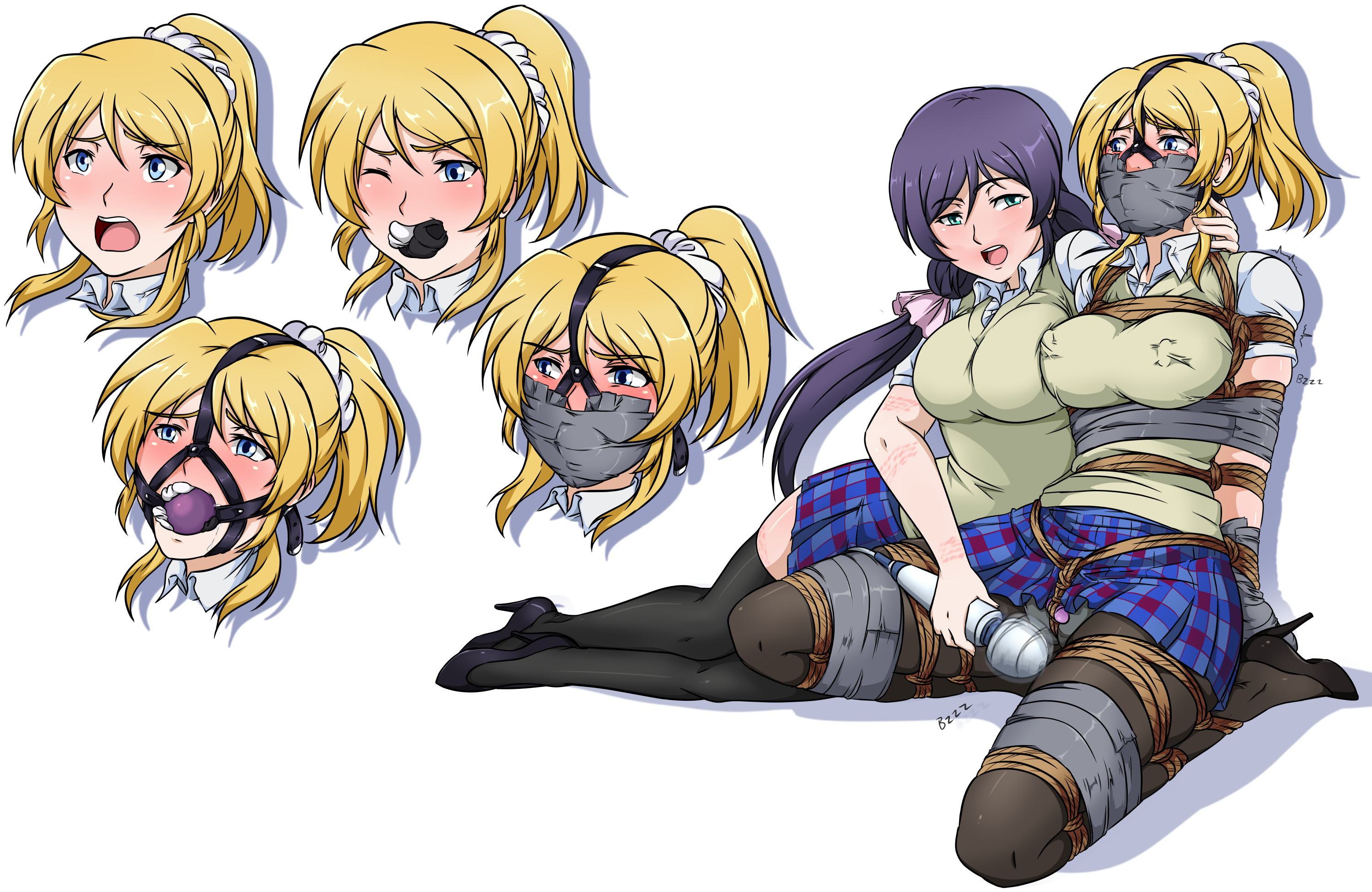 2girls, arms behind back, ayase eli, ball gag, blonde hair, bondage, bound, bound arms, bound legs, breasts, busty, crotch rope, duo, female, female only, femdom, femsub, forced orgasm, gag, gagged, harness gag, high heels, hitachi magic wand, kneeling, lezdom, love live!, love live! school idol project, multiple females, multiple girls, nipple vibrator, open mouth, panties, purple ball gag, rope, ryner-e, skirt, slave, stuffed mouth gag, tape, tape bondage, tape gag, taped arms, taped hands, taped legs, taped mouth, tied up, toujou nozomi, vibrator, vibrator under clothes, yuri