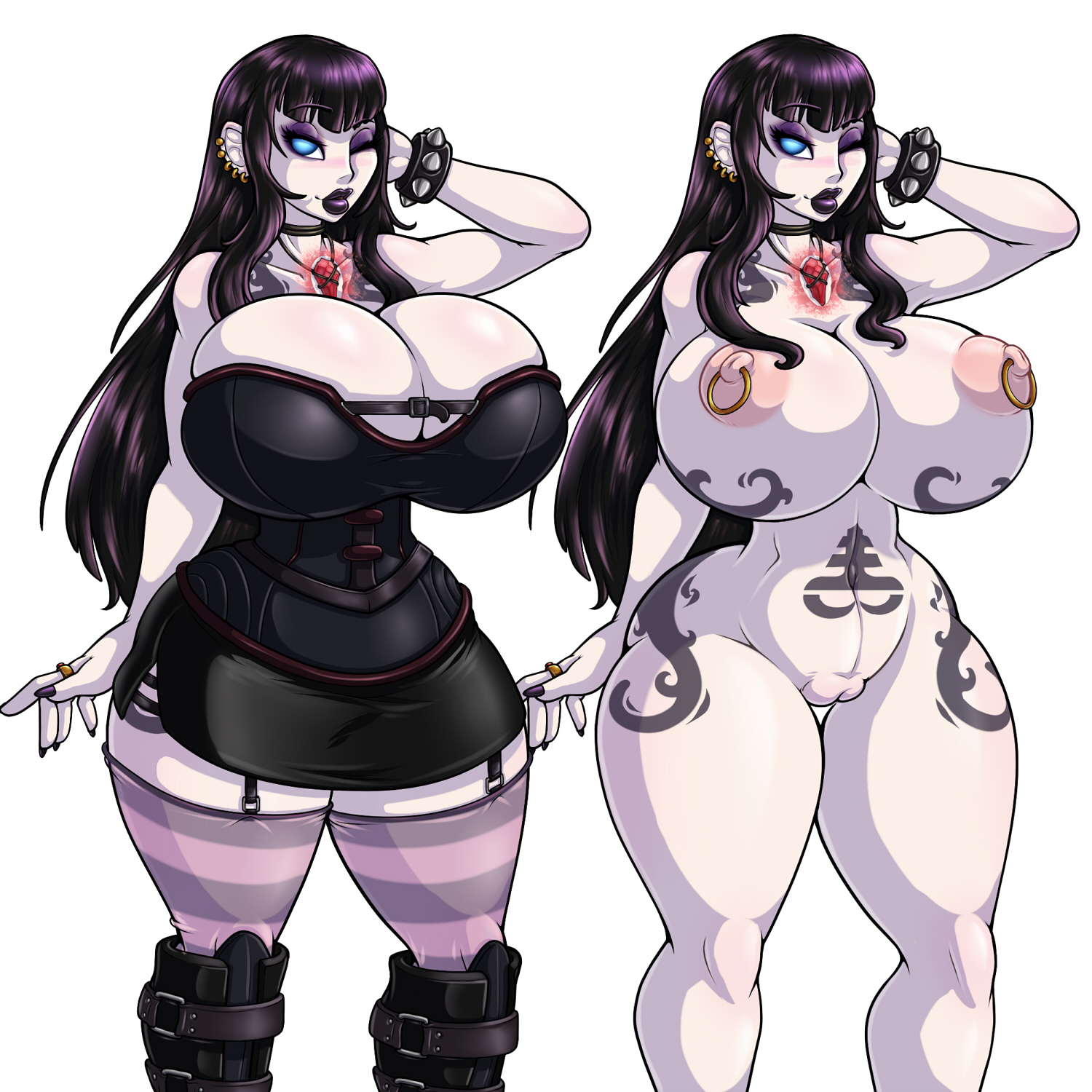 1girls, adjatha, areolae, breasts, cleavage, female, female only, goth, hoop nipple piercing, huge breasts, looking at viewer, necklace, nipple piercing, nipple rings, nipples, nude, piercing, pussy, servant (tits), solo, tattoo, thick thighs, thighhighs, thin waist, trials in tainted space, voluptuous, wide hips