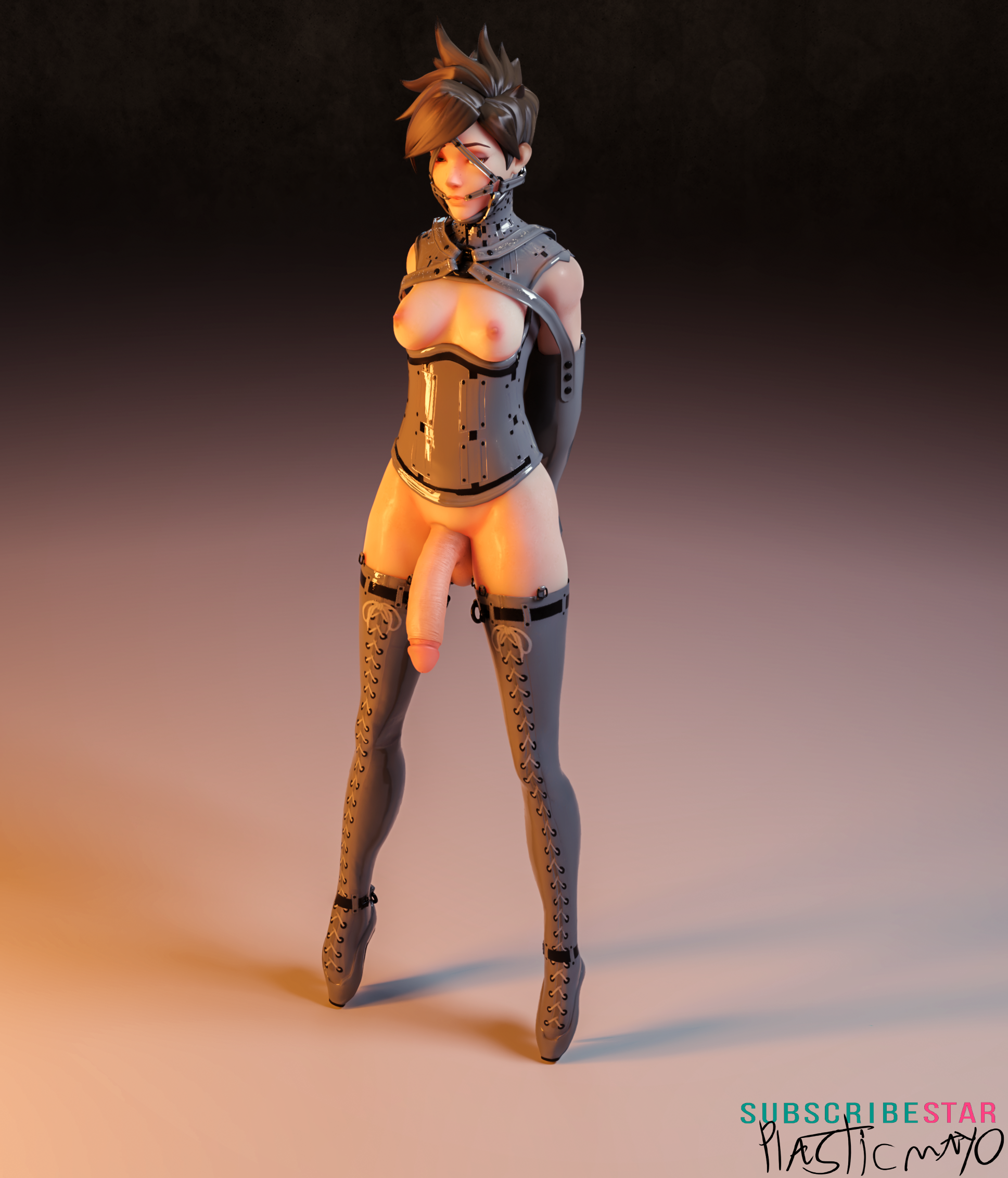 1futa, 2019, 3d, blizzard entertainment, bondage, breasts, dickgirl, futa only, futanari, huge cock, intersex, nipples, nude, overwatch, penis, plasticmayo, solo, tiptoes, tracer