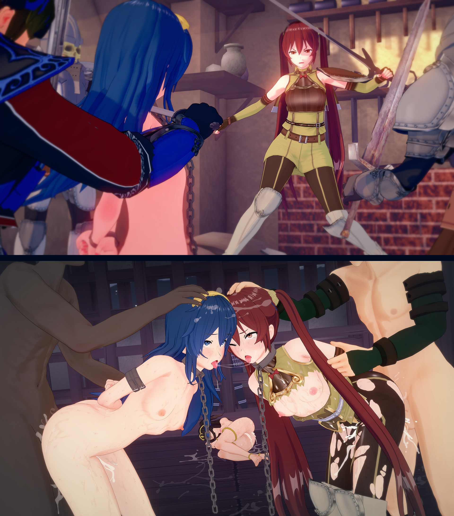 3girls, armor, blue hair, bound, breasts, broken armor, chained, chains, collar, cum, cum in mouth, cum in pussy, cum on body, cum on breasts, cum on floor, cum on hair, cum on stomach, defeated, female, fire emblem, fire emblem awakening, forced, koikatsu, leash, long hair, lucina (fire emblem), lying down, male, multiple boys, multiple girls, multiple males, oral, party wipe, prisoner, pussy, rape, saliva, severa (fire emblem), small breasts, tharja (fire emblem), tied up, torn clothes, twintails, witchanon