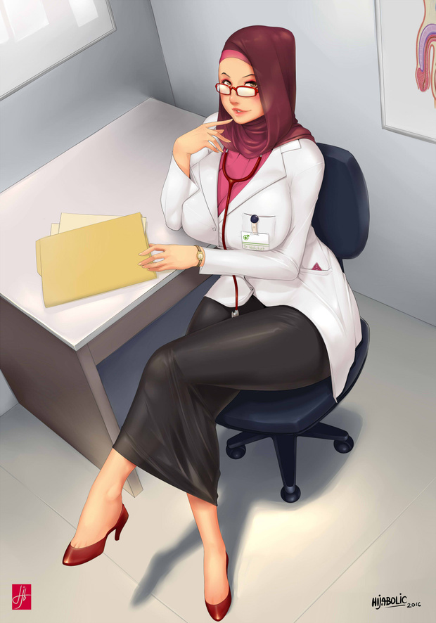 anatomy big_breasts biting_lip doctor glasses high_heels hijab hijabolic huge_breasts labcoat leaning_on_elbow legs_crossed muslim sitting skin_tight stethoscope tagme thick_thighs wide_hips