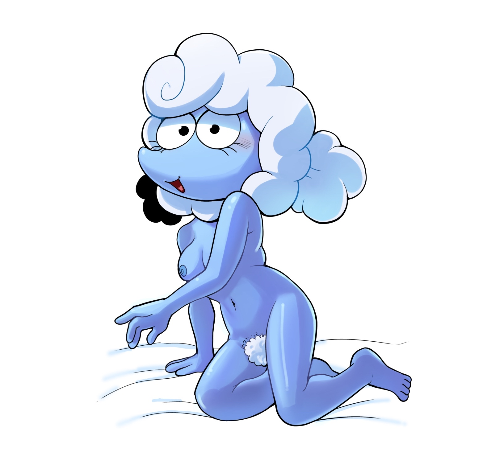 artist request, barefoot, blush, blush lines, breasts, bushy pubes, cute, cute face, deltarune, deltarune chapter 3, elnina (deltarune), female, looking at viewer, nudity, open mouth, pubes, sitting, sitting on bed, solo, white background, wholesome nudity