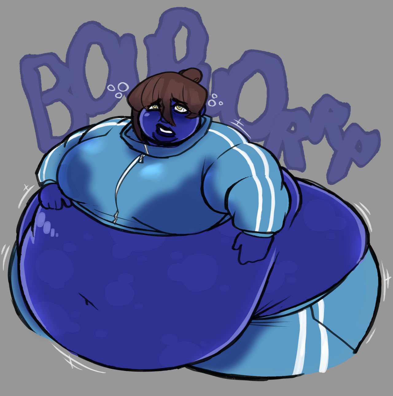 big belly, blue body, blue skin, blueberry, blueberry girl, blueberry inflation, breasts, brown hair, fat, fat female, female, female focus, female only, gurgling, inflation, inflation fetish, inflation sequence, sequence, shale (simsimsalaboom), simsimsalaboom, spherical inflation, thick thighs, thigh, thighs, track suit, willy wonka and the chocolate factory, yellow eyes