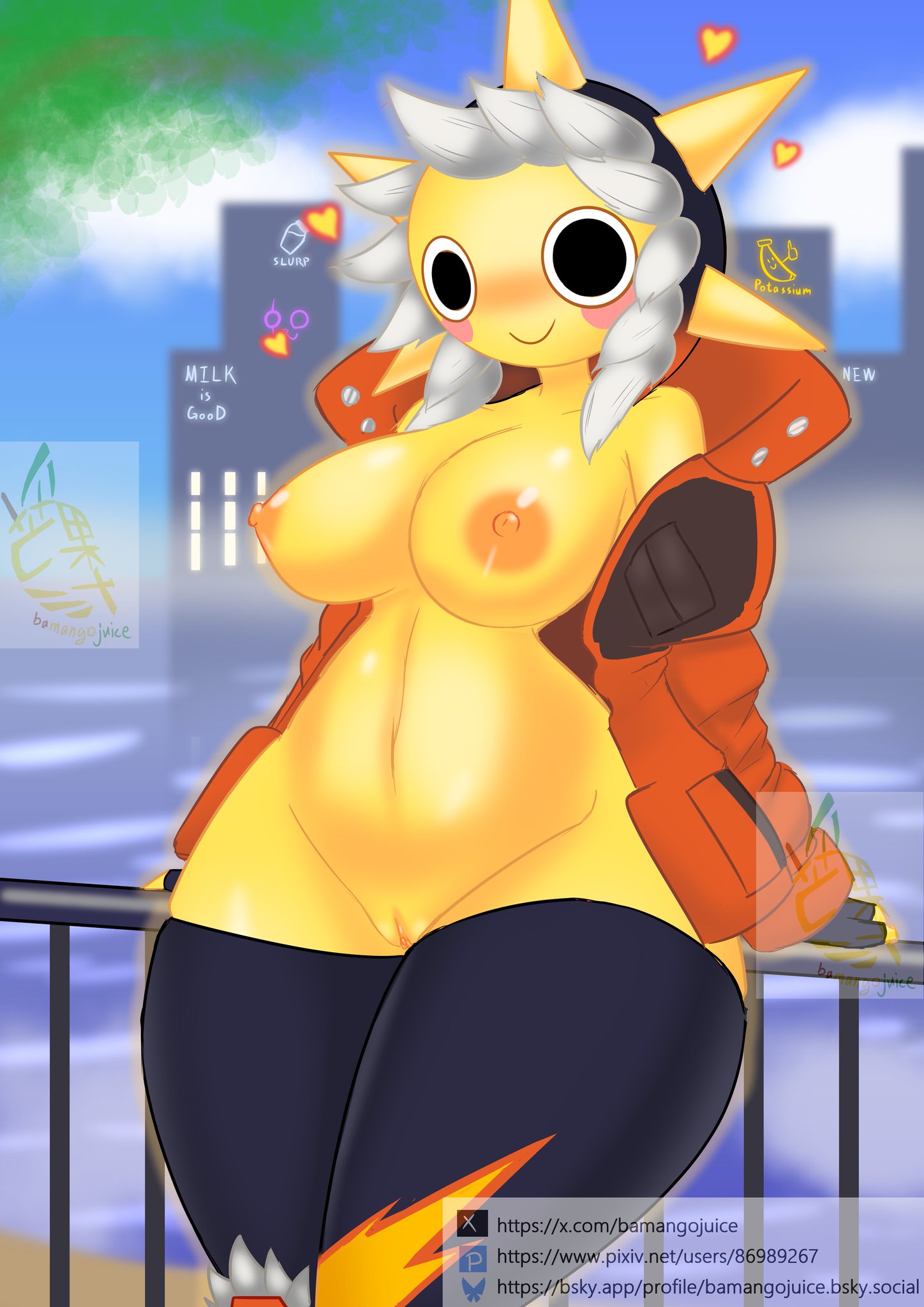 1girls, 2d, 2d (artwork), almost naked, almost nude, artist name, bamangojuice, banana symbol, belly, belly button, big breasts, big eyes, blue sky, blush, blush lines, blush stickers, blushing, blushing at viewer, blushing female, breasts, breasts out, brown nipples, cloud, clouds, cloudy sky, color, colored, detailed background, digital media (artwork), epic games, female, female focus, female only, fog, foggy, foggy background, fortnite, fortnite: battle royale, genderswap, genderswap (mtf), genitals, gloves, glowing, hand on fence, heart, heart-shaped pupils, hearts around head, hi res, high resolution, highres, hooded jacket, iron fence, jacket, jacket open, kneehighs, leaf, light skin, light-skinned female, long socks, looking at viewer, nipple, nipples, no pants, no shirt, orange jackal, owo, pixiv link, pixiv logo, pixiv username, pocket, pockets, pussy, rich black socks, rule 63, smile, smile at viewer, smiley face, smiling, smiling at viewer, socks, sun, sun girl, sun humanoid, sunspot (fortnite), text, text background, thick, thick ass, thick hips, thick legs, thick thighs, thighs, thighs bigger than head, tree, trees, twitter link, twitter logo, twitter username, uncensored, uncensored pussy, uncensored vagina, vagina, video game, video game character, video games, yellow body